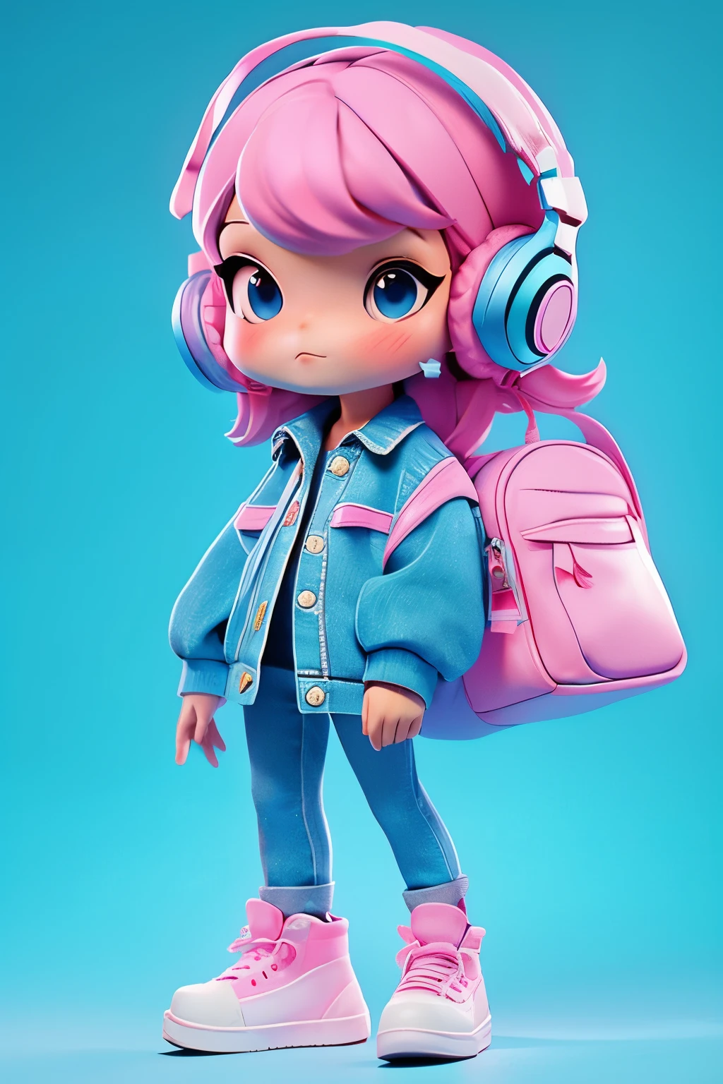 一个Cartoon少女，blue long head，With pink headphones，Wear a denim jacket，carrying a bag，Cartoon，blind box，Rich in details，HD