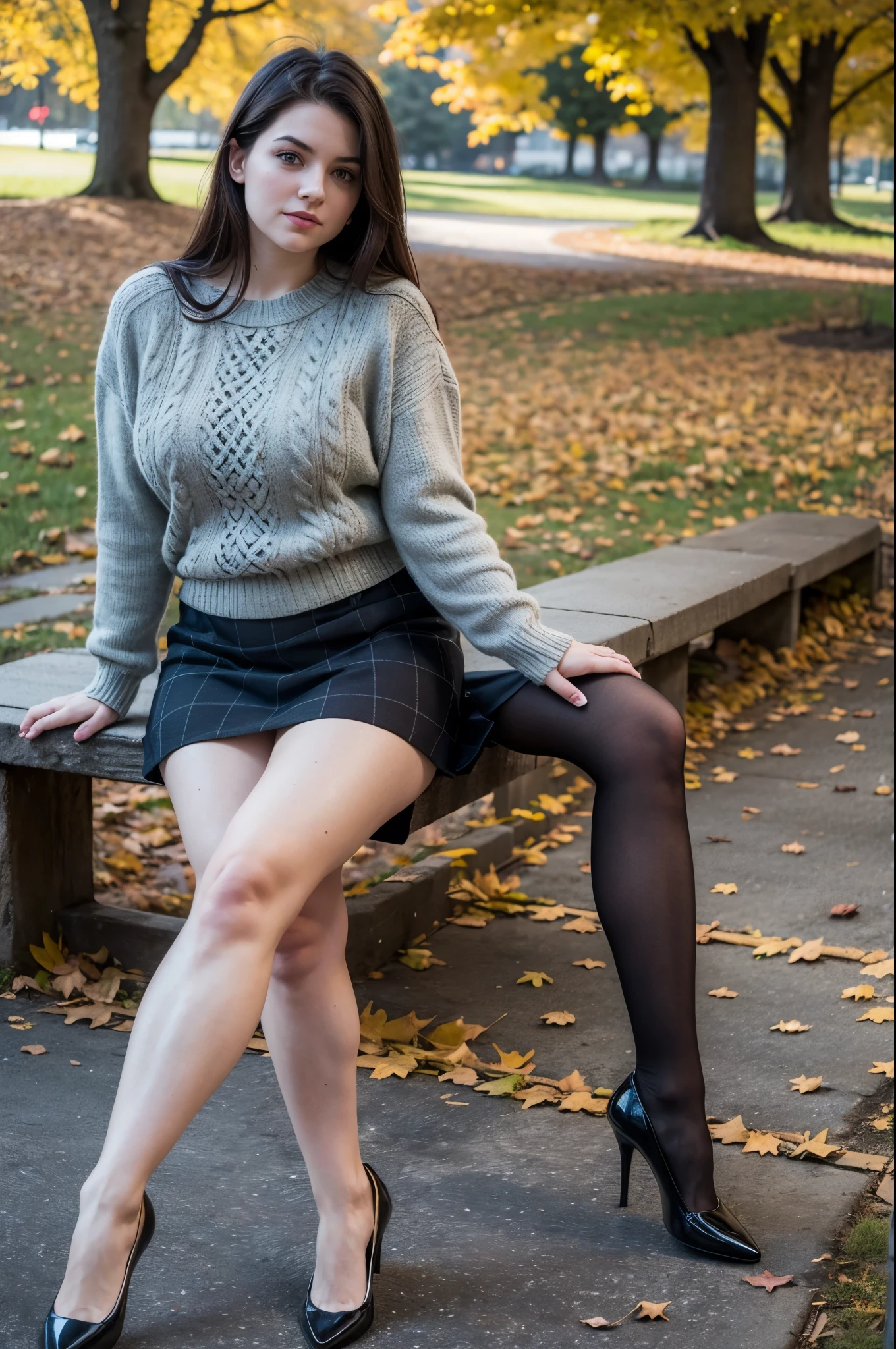 Three legged girl, age 20, beautiful, gorgeous, curvy, pale skin, dark hair, dark argyle sweater, skirt, black stockings, Mary Jane shoes, out in park, autumn setting, three legs, extra leg,