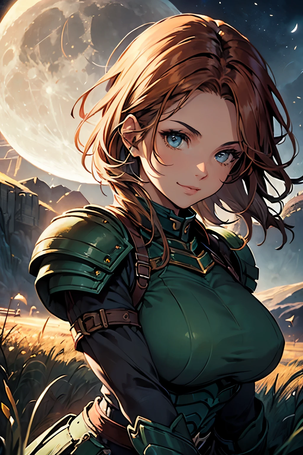 (artwork, best quality, ultra detailed, beautiful illustration), (oil painting:1.4), atmospheric perspective, (Adventure atmosphere, elaborate atmosphere:1.4), depth of field, looking at the viewer, beautiful detailed eyes, 1 girl, (portrait, close-up:1.5), Dynamic pose, dynamic angle, warm smile, (Huge breasts), (outdoor:1.5, grassland:1.5, night:1.5, giant moon:1.5), AeliaVP, diadem, armor, breastplate, shoulder armor, gauntlets, bandages, skirt, panties,
