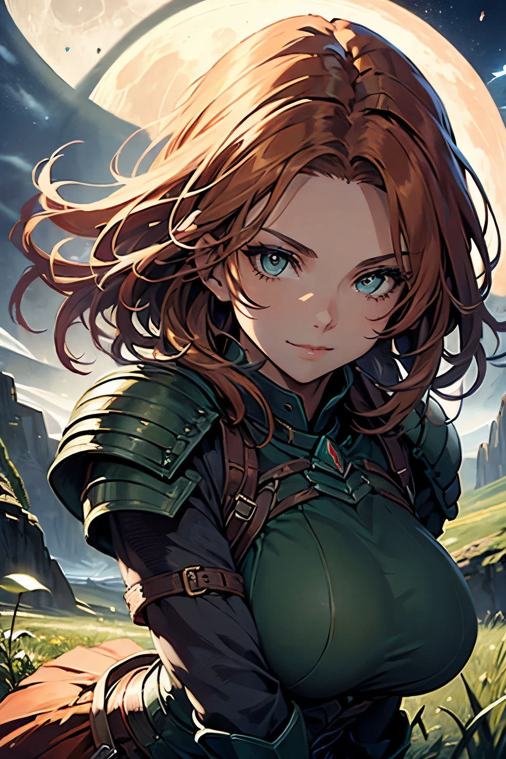 (artwork, best quality, ultra detailed, beautiful illustration), (oil painting:1.4), atmospheric perspective, (Adventure atmosphere, elaborate atmosphere:1.4), depth of field, looking at the viewer, beautiful detailed eyes, 1 girl, (portrait, close-up:1.5), Dynamic pose, dynamic angle, warm smile, (Huge breasts), (outdoor:1.5, grassland:1.5, night:1.5, giant moon:1.5), AeliaVP, diadem, armor, breastplate, shoulder armor, gauntlets, bandages, skirt, panties,