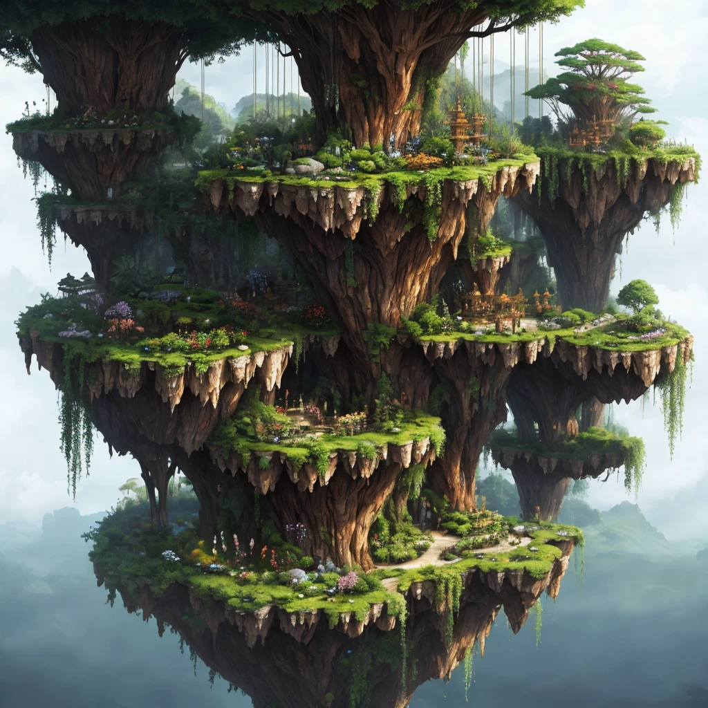 Multi-layered natural formations and hanging gardens,