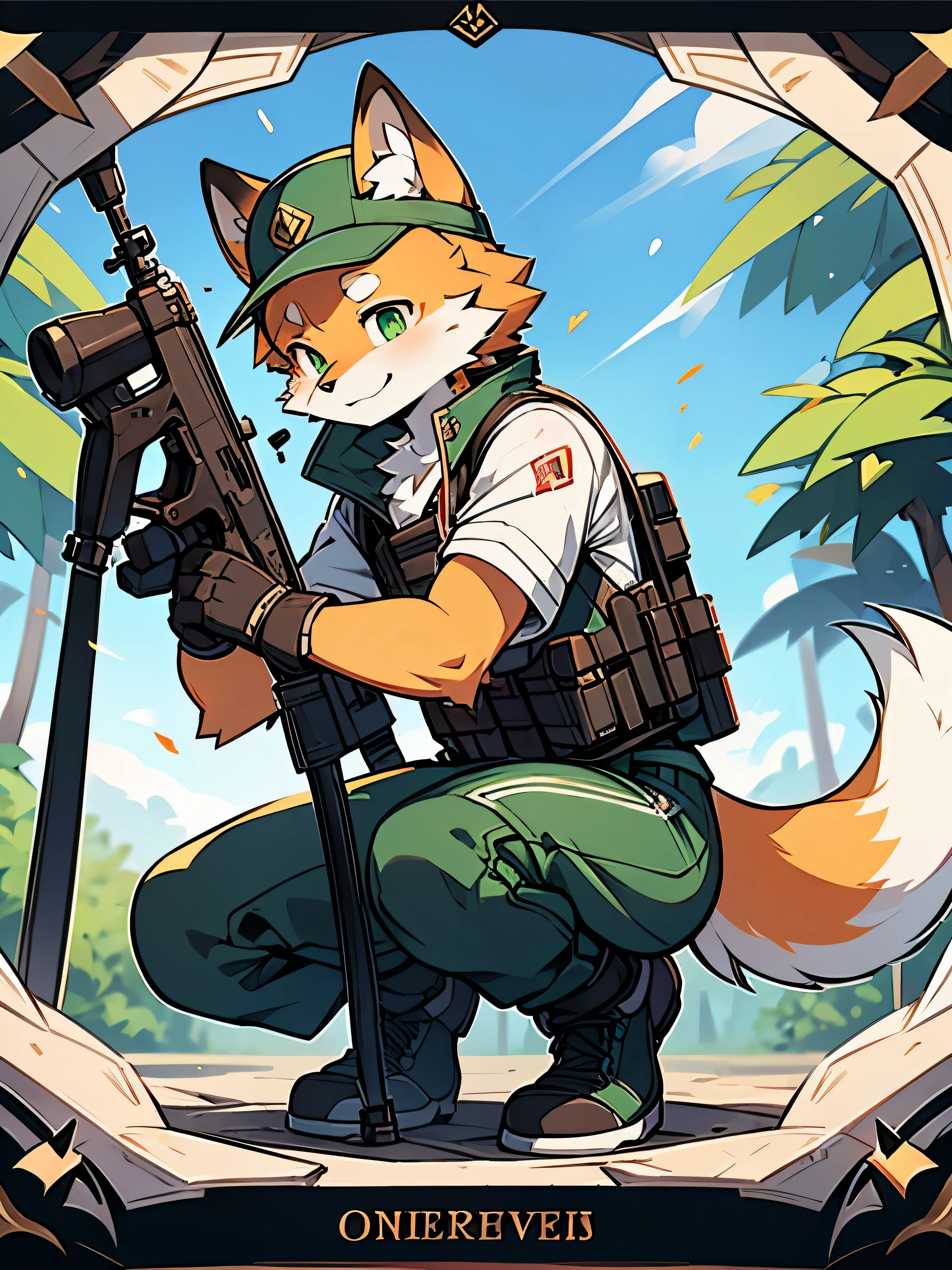 trading card framework, UI markers in the upper right and lower left corners of cygames style cards.dark green tint. (only one tail). male. Strong. muscle. confident smile. 14 year old little human kemono orange fox scout crouching behind a tree,Aim at distant targets with a sniper rifle. The fox wears a military hat on his head. (only one tail). He was wearing a white camouflage short-sleeved shirt and pants,Wearing a bulletproof vest. Black combat boots. bare wrists. black gloves. Detailed post-war military scenes, soft focus technology