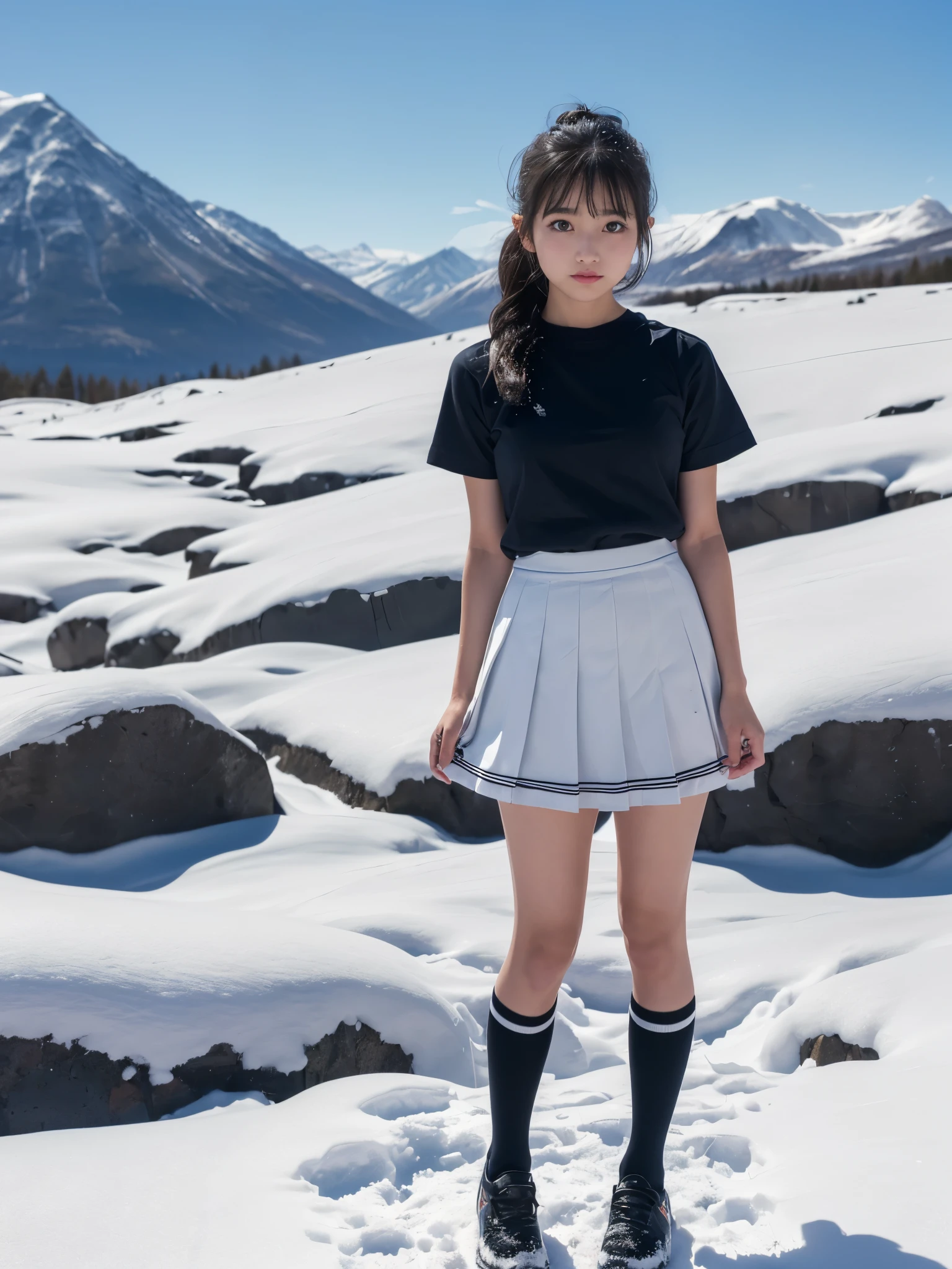 (in 8K、RAW Photos、top-quality、​masterpiece:1.2), (realisitic、Photorealsitic:1.37), ultra-detailliert, high resolution, 1girl in, a closeup, Raw feet, black eyes, japanese, color_contact_lens, (beautiful legs:1.3), (slender girl:1.4), a beauty girl, (Thin legs:1.3), a sailor suit, , high-school girl, JK, Ultra mini skirt, Dark blue pleated skirt, Short socks, Tri-fold socks, white sock, (short sleeves:1.2), Full body, (standing:1.2), (heavy snowing), (deep snow:1.2),(highland_background:1.2),white_ribbon, (black mary janes shoes:1.1), (tanned_skin:1.3), (dark_skin:1.3)