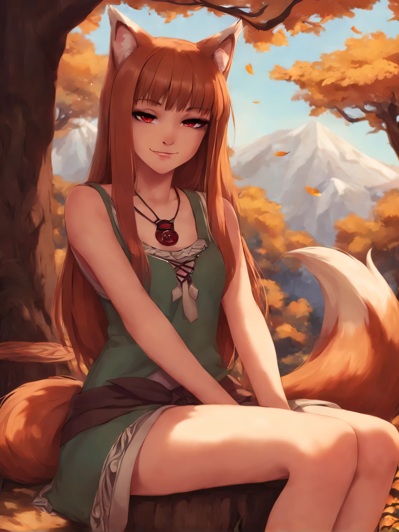 1girl, holo, animal ears, brown hair, long hair, red eyes, wolf ears, wolf girl,wolf tail, spice and wolf, BREAK
sitting, looking at viewer, (half-closed eyes), seductive smile, rating_safe, BREAK
day, bare tree, outdoors, tree, tree stump, BREAK
score_9, score_8_up, score_7_up, score_6_up, 