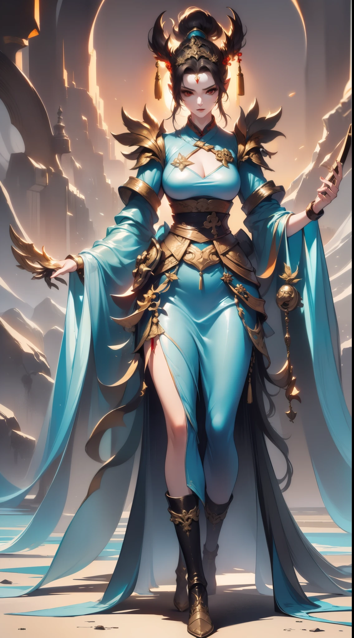 Close-up of a tall woman in her 30s, red eyes and black hair, Dressed in a red and black dress, queen of china, female swordsman, chinese princess, Standing in a Chinese temple, New clothing concept design, blade and soul style, full body character concept, Detailed character design, Inspired by Yang Jin, inspired by trees, Moon themed clothing, Gold set, Inspired by Zhu Lian, Color concept art, Highly detailed character design, Highly detailed face, Inspired by Ai Xuan, Very detailed face, Unreal Engine rendering, final fantasy 14 style