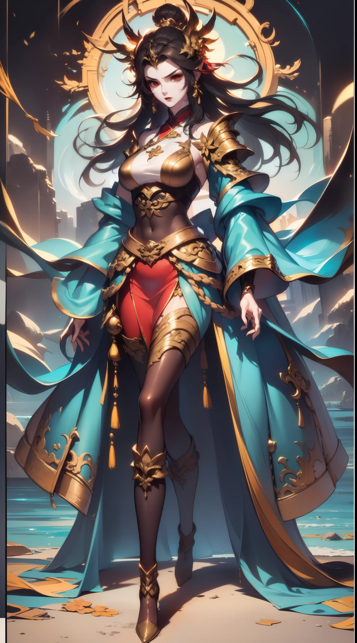 Close-up of a tall woman in her 30s, red eyes and black hair, Dressed in a red and black dress, queen of china, female swordsman, chinese princess, Standing in a Chinese temple, New clothing concept design, blade and soul style, full body character concept, Detailed character design, Inspired by Yang Jin, inspired by trees, Moon themed clothing, Gold set, Inspired by Zhu Lian, Color concept art, Highly detailed character design, Highly detailed face, Inspired by Ai Xuan, Very detailed face, Unreal Engine rendering, final fantasy 14 style