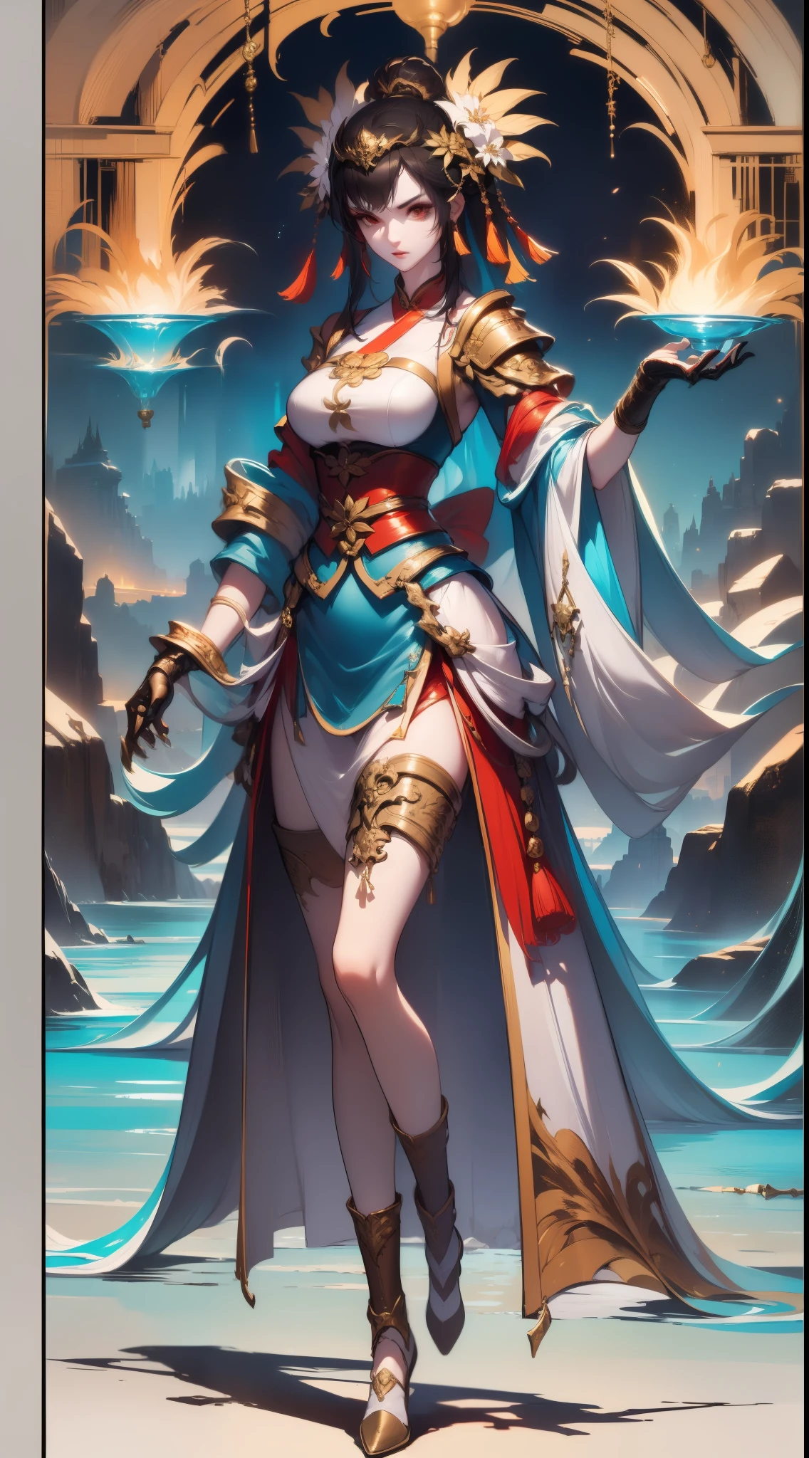 Close-up of a tall woman in her 30s, red eyes and black hair, Dressed in a red and black dress, queen of china, female swordsman, chinese princess, Standing in a Chinese temple, New clothing concept design, blade and soul style, full body character concept, Detailed character design, Inspired by Yang Jin, inspired by trees, Moon themed clothing, Gold set, Inspired by Zhu Lian, Color concept art, Highly detailed character design, Highly detailed face, Inspired by Ai Xuan, Very detailed face, Unreal Engine rendering, final fantasy 14 style