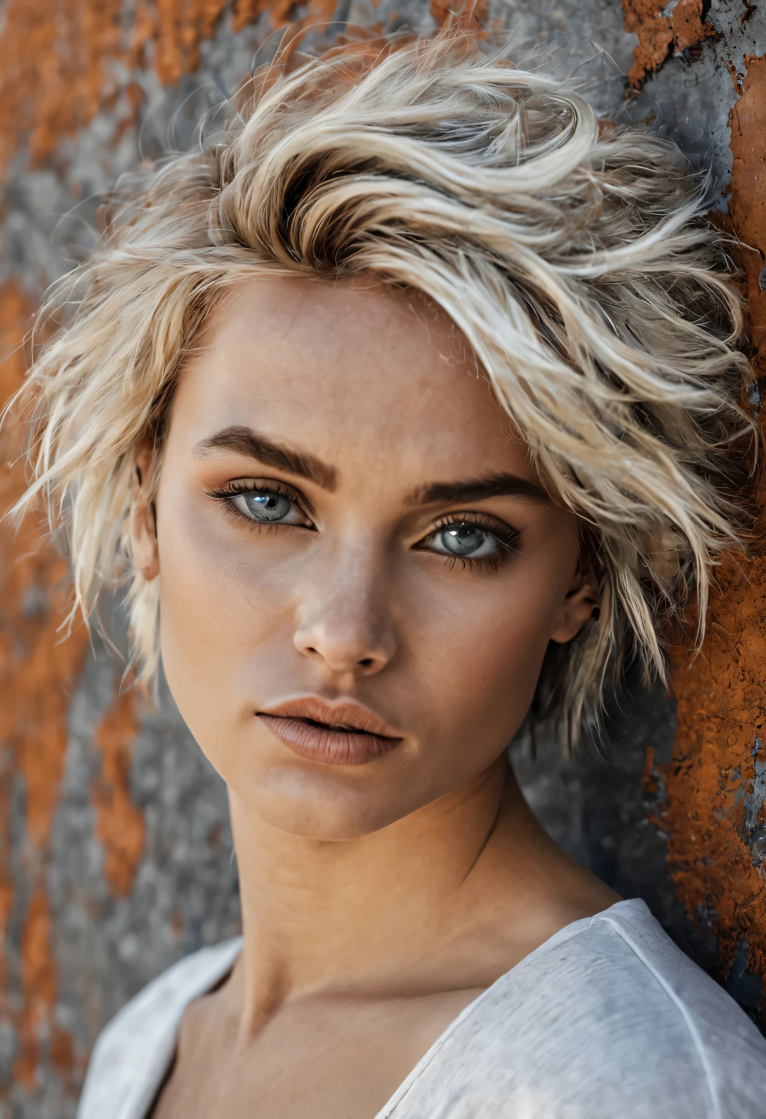 uma jovem atraente com cabelo loiro encostada em uma parede enferrujada, in the style of exaggerated facial features, Destaques da prata esterlina, Arestas afiadas, abacatepunk, bordas suaves, branco escuro e cinza claro, nervoso --ar 1:1 --estilizar 750 --v 6