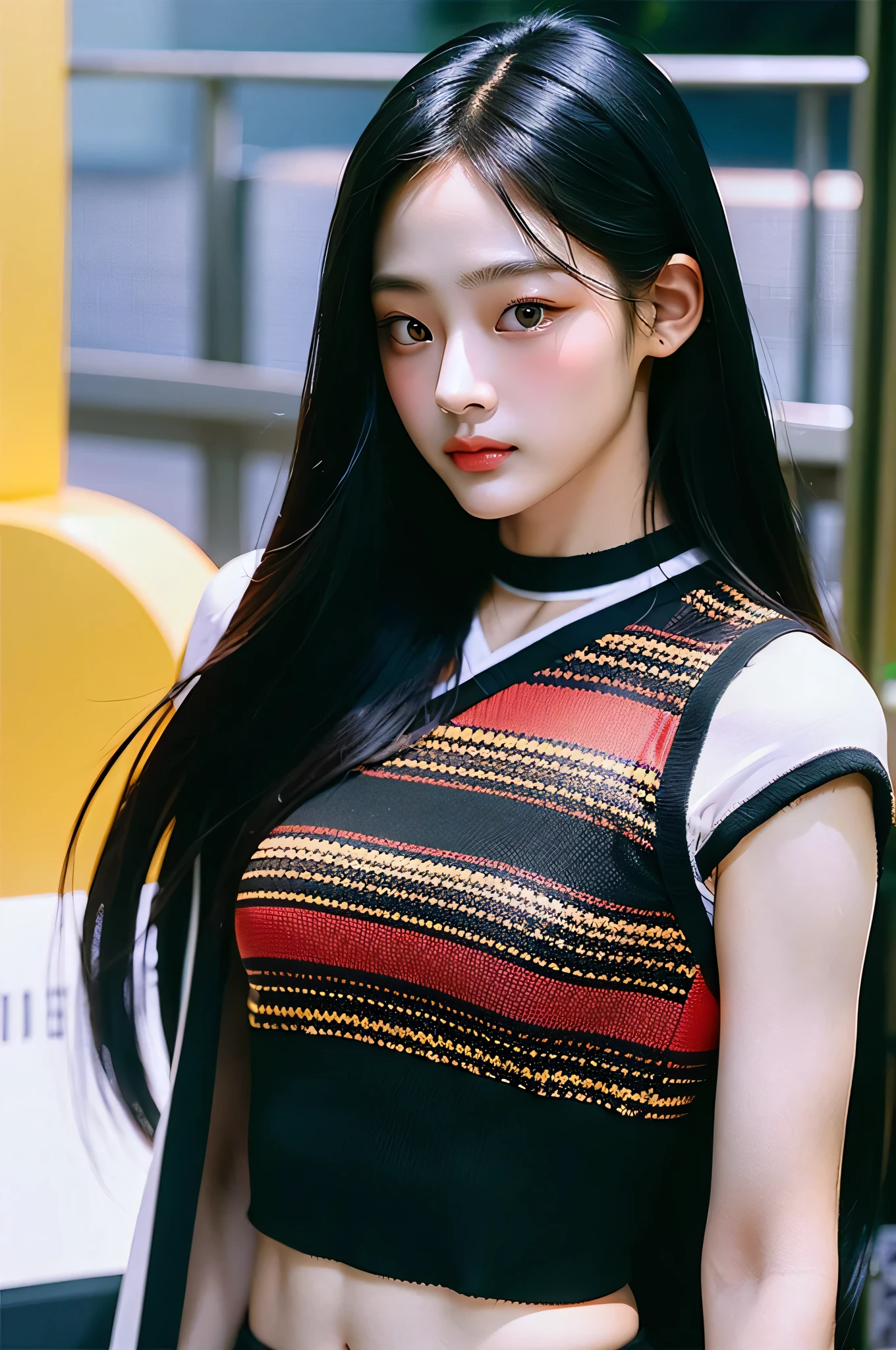 1gir, Kazuha Nakamura, Beautiful, Wearing crop top, selife, beauty, selfie from phone view, low key,(official clothing:1.4) ,long hair,black hair, black eyes, korean, pretty, winning award photo, masterpiece, detailed face, perfect face, close up