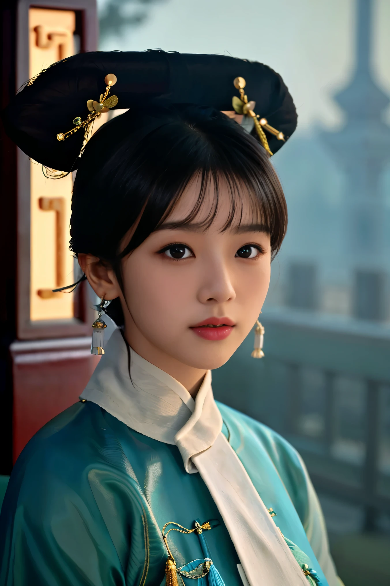 Masterpiece, absurdres,award winning photo, extremely detailed, amazing, fine detail, extremely detailed eyes and face, by lee jeffries nikon d850 film stock photograph 4 kodak portra 400 camera f1.6 lens rich colors hyper realistic lifelike texture dramatic lighting unrealengine trending on artstation cinestill 800 tungsten, qingchao, a woman in a traditional chinese dress poses for a picture , woman wearing a qingchao_dress, qingchao_haircut, qingchao_scarf,