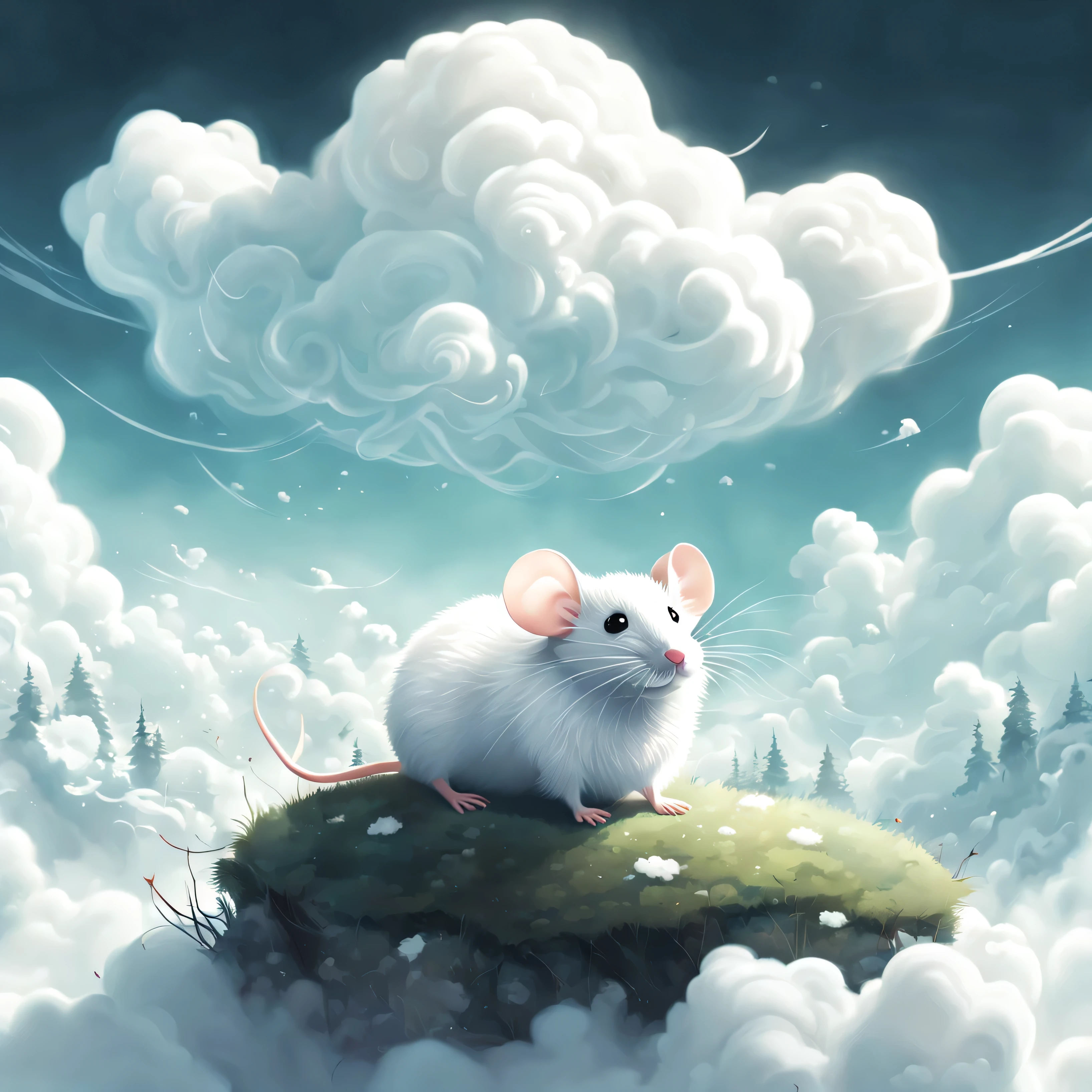 Ilustrar un avanzado (((anthropomorphic mouse))) hecho de (((Translucent clouds))), tumbado tranquilamente entre (((nubes blancas))) en un (((dream landscape))) inspirado en Cyril Rolando, con un (((nube esponjosa))) is sitting and a (technomagic backdrop) En la distancia, estilo de arte digital avanzado