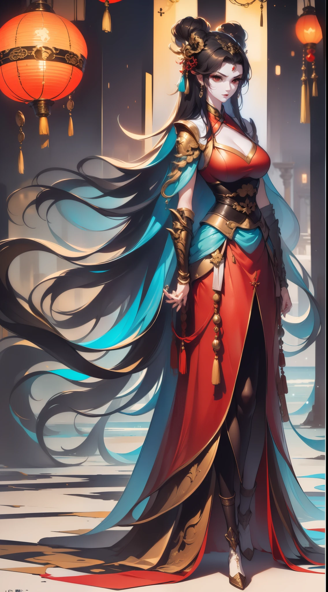 Close-up of a tall woman in her 30s, red eyes and black hair, Dressed in a red and black dress, queen of china, female swordsman, chinese princess, Standing in a Chinese temple, New clothing concept design, blade and soul style, full body character concept, Detailed character design, Inspired by Yang Jin, inspired by trees, Moon themed clothing, Gold set, Inspired by Zhu Lian, Color concept art, Highly detailed character design, Highly detailed face, Inspired by Ai Xuan, Very detailed face, Unreal Engine rendering, final fantasy 14 style