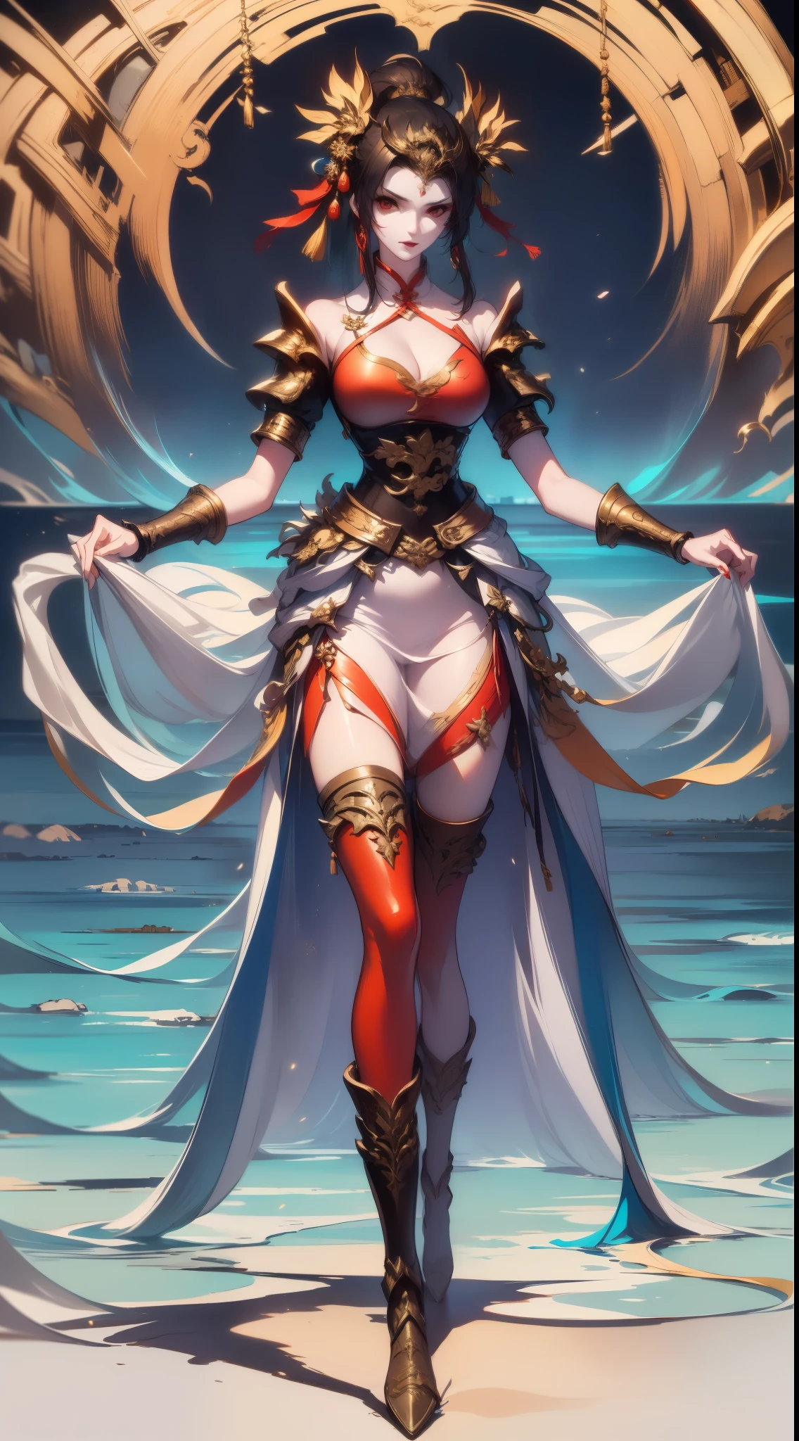 Close-up of a tall woman in her 30s, red eyes and black hair, Dressed in a red and black dress, queen of china, female swordsman, chinese princess, Standing in a Chinese temple, New clothing concept design, blade and soul style, full body character concept, Detailed character design, Inspired by Yang Jin, inspired by trees, Moon themed clothing, Gold set, Inspired by Zhu Lian, Color concept art, Highly detailed character design, Highly detailed face, Inspired by Ai Xuan, Very detailed face, Unreal Engine rendering, final fantasy 14 style