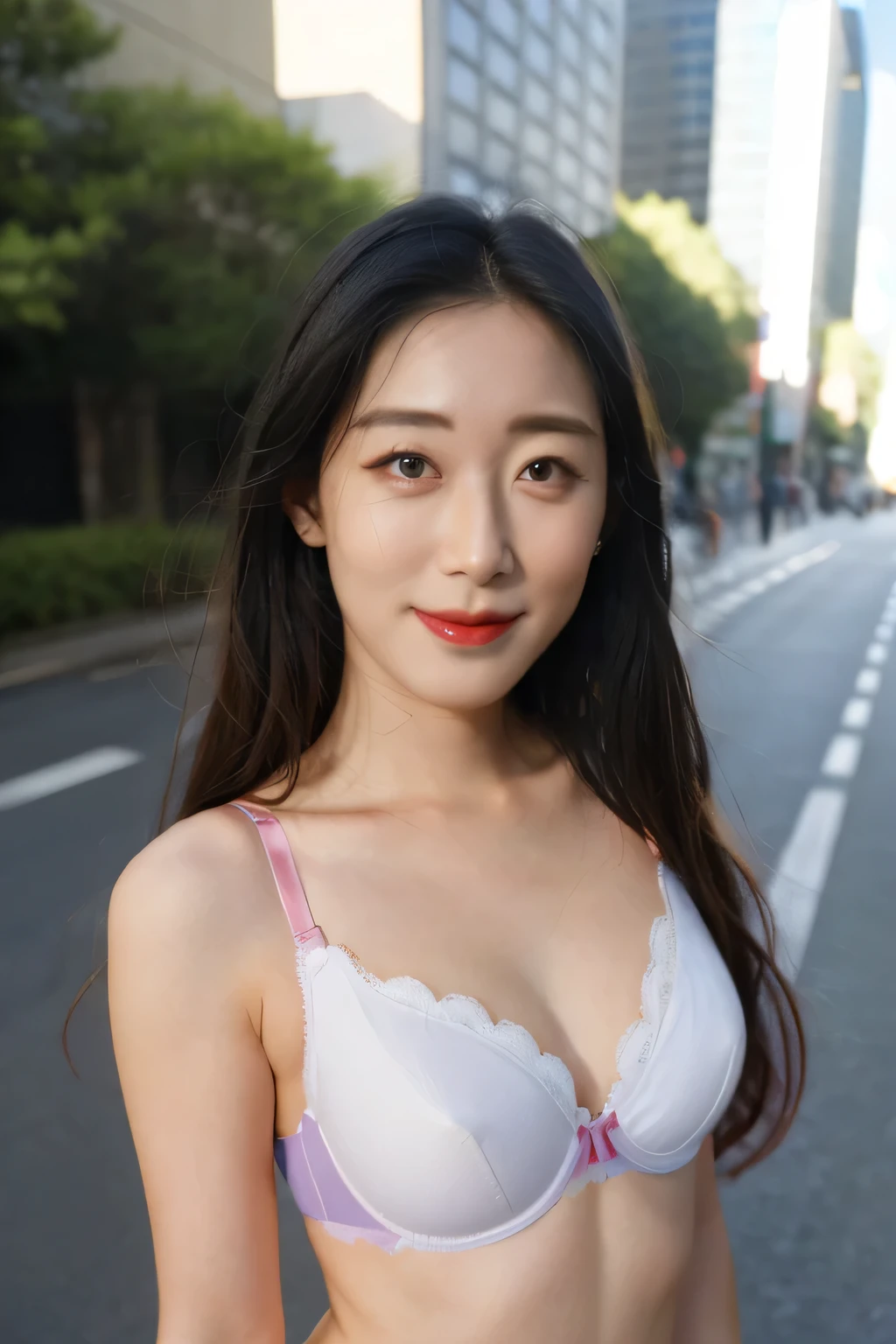 NSFW:1.3:((highest quality、8K resolution、master masterpiece、portrait:1.3)), Photoreal, 35mm film, Beautiful woman, on the street during the day, wrinkles around the eyes,shortcut_boyish、((Fancy bra_panties:1.3)) , (outdoors_city street: 1.3), jumbled background,look at the audience,(Tokyo cityscape:1.3),big breasts:1.3,laughter, whole body