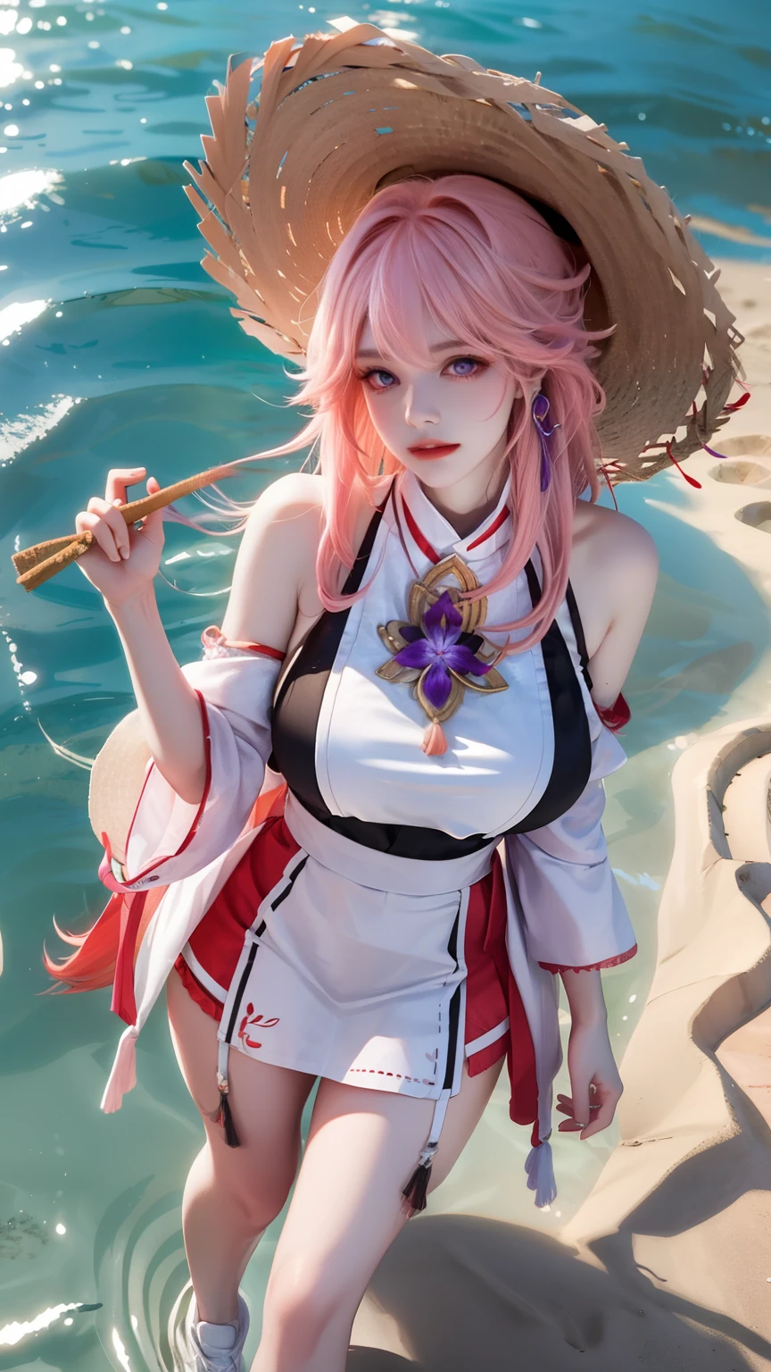 masterpiece、best quality、16k、textured skin、a woman、Viewed from above, the audience feels spoiled、long pink hair、purple eyes，huge ，straw hat、White halterneck suspender skirt、black，white sneakers、shallow water、sun、beach、Latu