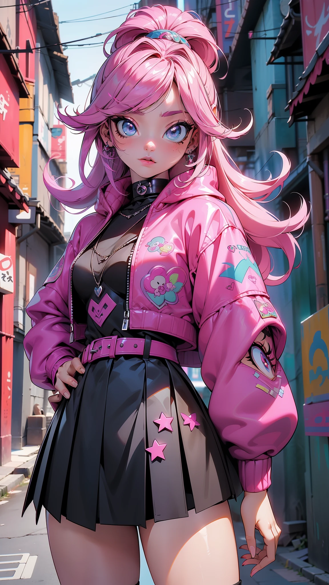 (La mejor calidad,A high resolution,Ultra - detallado,actual),Ariana Grande a doll with long pink hair and a (chaqueta azul:1.4) , miniskirt plateado, animated barbie doll, blonde chica anime con pelo largo, (Estilo Ross Tran:1.4) , anime estilo 3d, Modelo de cuerpo completo de Anime VTuber, ilya kuvshinov con pelo largo, chica anime con pelo largo pink, figura emergente del desfile, render de una linda chica anime 3d, More detailed 8K.motor irreal:1.4,HD,La mejor calidad:1.4, fotorrealista:1.4, textura de la piel:1.4, obra maestra:1.8,obra maestra, mejor calidad,objeto Objeto], (rasgos faciales detallados:1.3),(Las proporciones correctas),(Ojos hermosos azules),  (pose vaquero), (Japan alley background :1.4), ,( ciberpunk 2.1), (estilo kawaii :1.4), (dedos detailed:1.4), (perfect anatomy), (miniskirt colegiala white :1.4) 