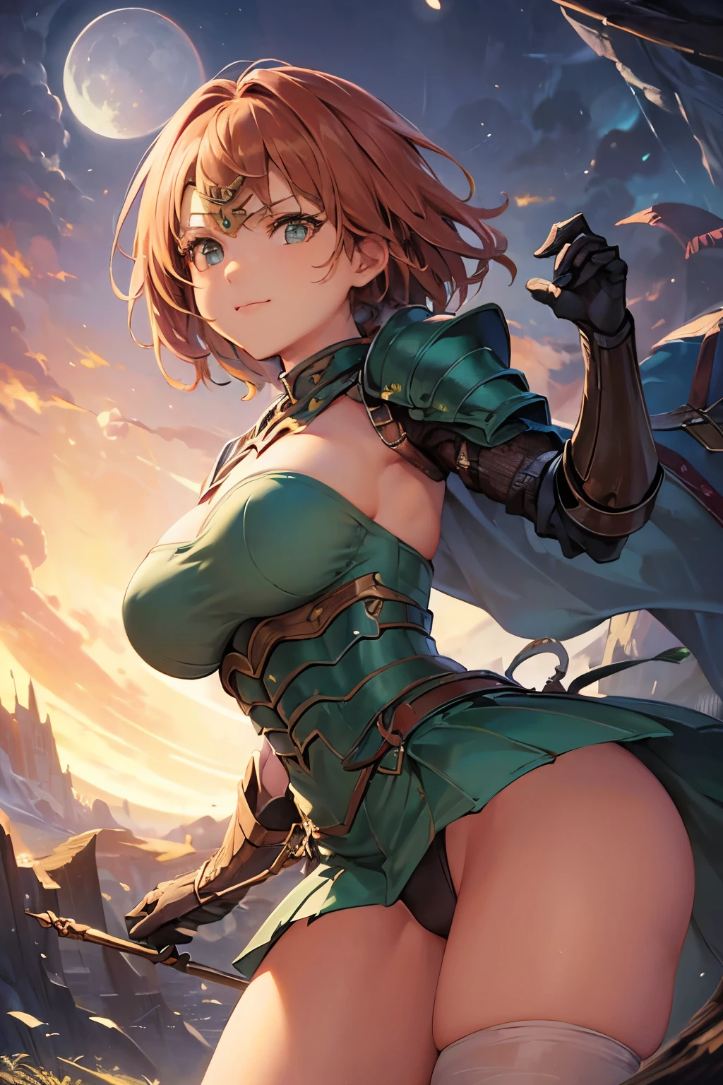 (artwork, best quality, ultra detailed, beautiful illustration), (oil painting:1.4), atmospheric perspective, (Adventure atmosphere, elaborate atmosphere:1.4), depth of field, looking at the viewer, beautiful detailed eyes, 1 girl, (portrait, close-up:1.5), Dynamic pose, dynamic angle, warm smile, (Huge breasts), (outdoor:1.5, grassland:1.5, night:1.5, giant moon:1.5), AeliaVP, diadem, armor, breastplate, shoulder armor, gauntlets, bandages, skirt, panties,
