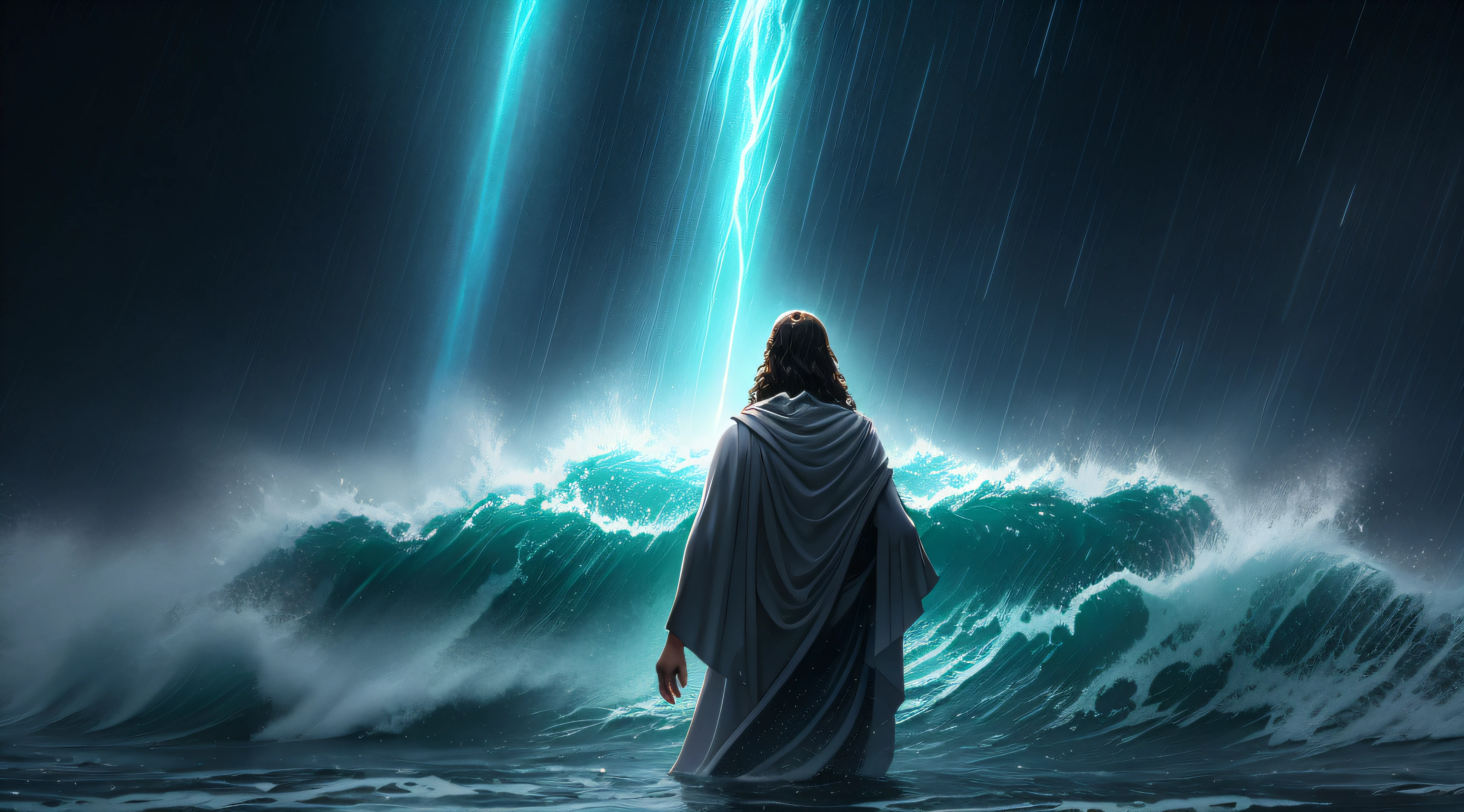 Jesus walking on water in a storm, obra de arte, melhor qualidade, alta qualidade, extremamente detalhado CG unit 8k wallpaper, fotografia premiada, bokeh, profundidade de campo, hdr, florescer, Chromatic aberration, fotorrealista, extremamente detalhado, trends on Artstation, trends at CGSociety, intricado, Alto detalhe, Dramatic, arte no meio da viagem, volumetric lighting --auto --s2