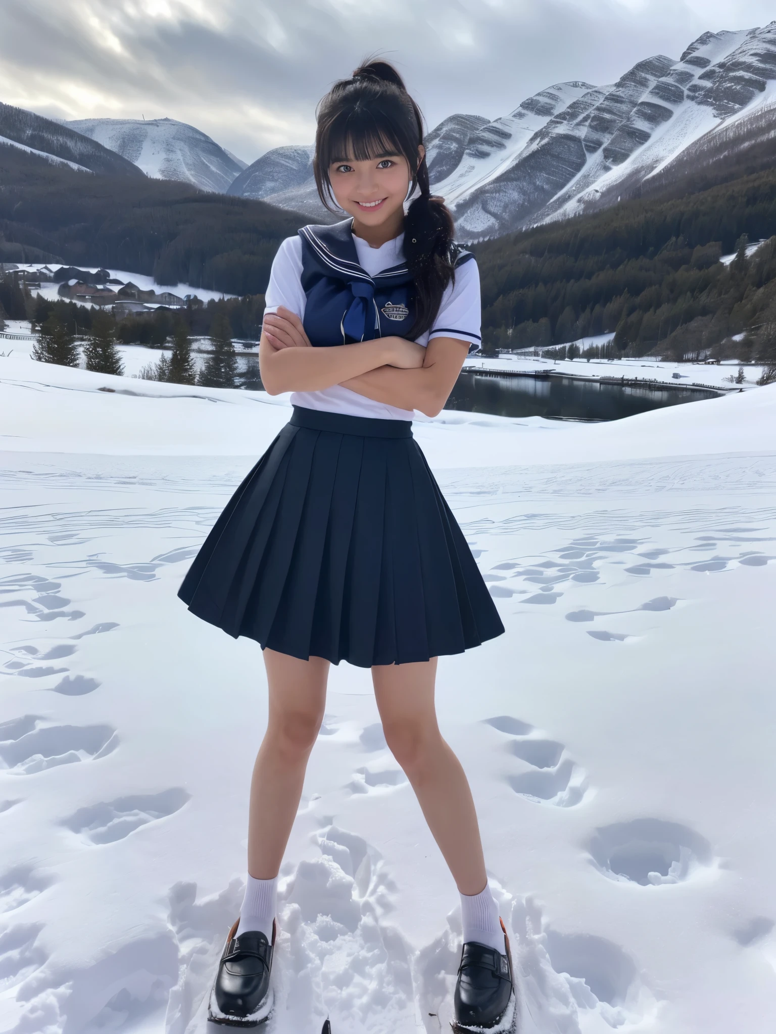 (in 8K、RAW Photos、top-quality、masterpiece:1.2), (realisitic、Photorealsitic:1.37), ultra-detailliert, high resolution, 1girl in, a closeup, Raw feet, black eyes, japanese, color_contact_lens, (beautiful legs:1.3), (slender girl:1.4), a beauty girl, (Thin legs:1.3), a sailor suit, , high-school girl, JK, Ultra mini skirt, Dark blue pleated skirt, Short socks, Tri-fold socks, white sock, (short sleeves:1.2), Full body, (standing:1.2), (heavy snowing), (deep snow:1.2),(highland_background:1.2),white_ribbon, (black mary janes shoes:1.1), (tanned_skin:1.3), (dark_skin:1.3), sports_girl