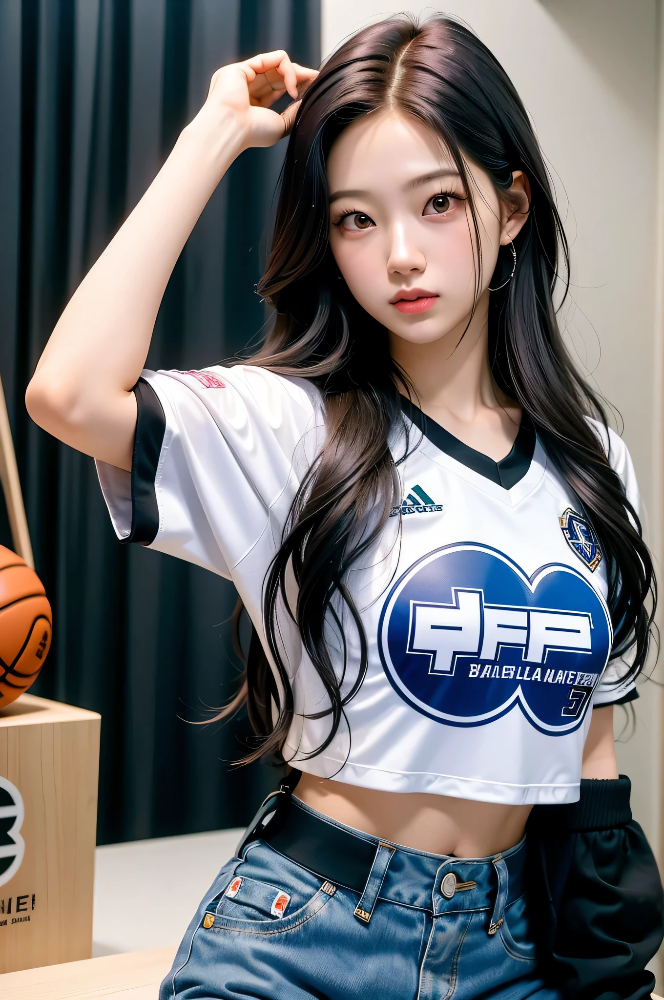 1gir, Kazuha Nakamura, Beautiful, basketball jersey, selife, beauty, selfie from phone view, low key,(official clothing:1.4) ,long hair,black hair, black eyes, korean, pretty, winning award photo, masterpiece, detailed face, perfect face, close up