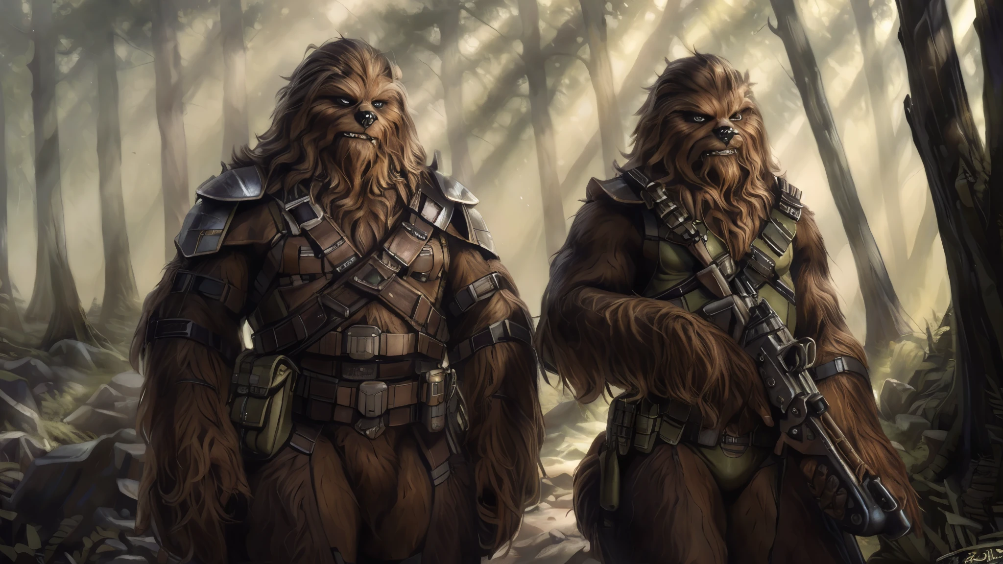 ((Two tall strong male wookies wearing green leotards with a utility belt)), thigh holster, lapels, folded collar, bandoleer, leather straps, tactical, Star Wars blaster, gun, dilf, wide hips, shoulder pads, 4K, Detailed Background, forest, bright sunlight, full view, full body view, long fur, detailed eyes, narrow eyes, realistic eyes, serious eyes, symmetrical eyes, by personalami, by ruardri, by thebigslick, by kenket