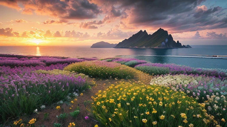 Photo taken during the golden hour and overcast black, ((photorealism)), cinematic landscape scene, 32k quality. Xinshe Sea of Flowers.