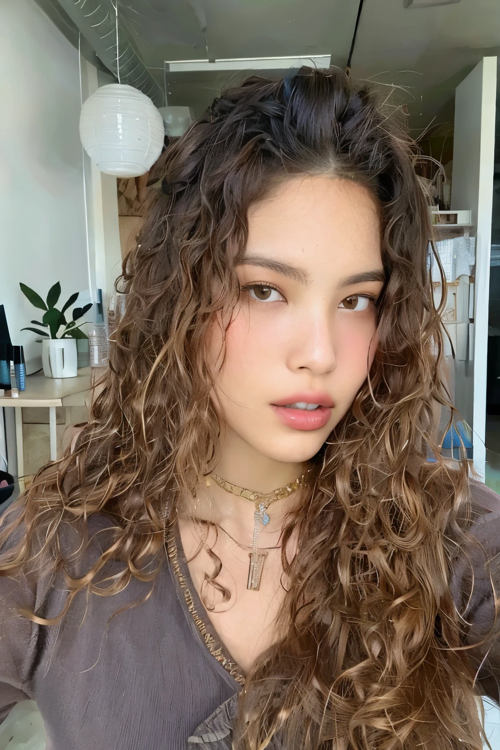 there is a woman with long Encaracolado hair and a cross necklace, messy Encaracolado hair, brown Encaracolado hair, Encaracolado middle part haircut, long messy Encaracolado hair, parece a Laura Barriales, with long Encaracolado hair, sem maquiagem cabelos ondulados, Encaracolado brown hair, justina blakeney, Encaracolado haired, ela tem pele morena oliva, Encaracolado, Encaracolado hair, Retrato de Sophie Mudd