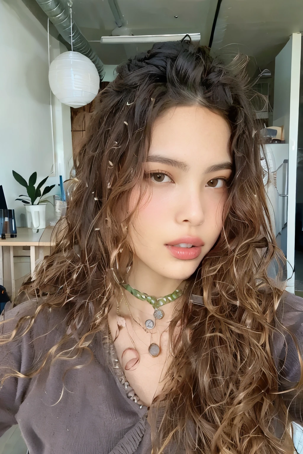 there is a woman with long Encaracolado hair and a cross necklace, messy Encaracolado hair, brown Encaracolado hair, Encaracolado middle part haircut, long messy Encaracolado hair, parece a Laura Barriales, with long Encaracolado hair, sem maquiagem cabelos ondulados, Encaracolado brown hair, justina blakeney, Encaracolado haired, ela tem pele morena oliva, Encaracolado, Encaracolado hair, Retrato de Sophie Mudd