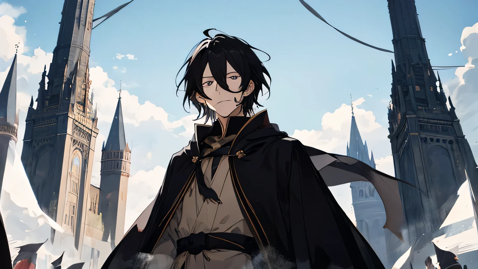background cracks,Mysterious dark-haired man wearing wizard robes, Master of the Magic Tower, appear in front of everyone。