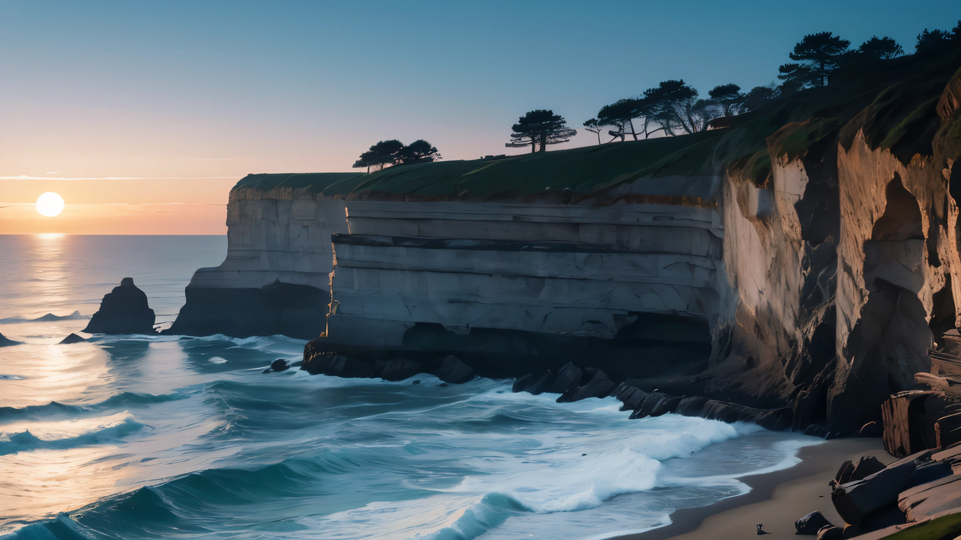 Moonlit seaside cliff: Cliff overlooking the sea, Bathed in the silver light of the moon, with waves crashing against the rocks below..