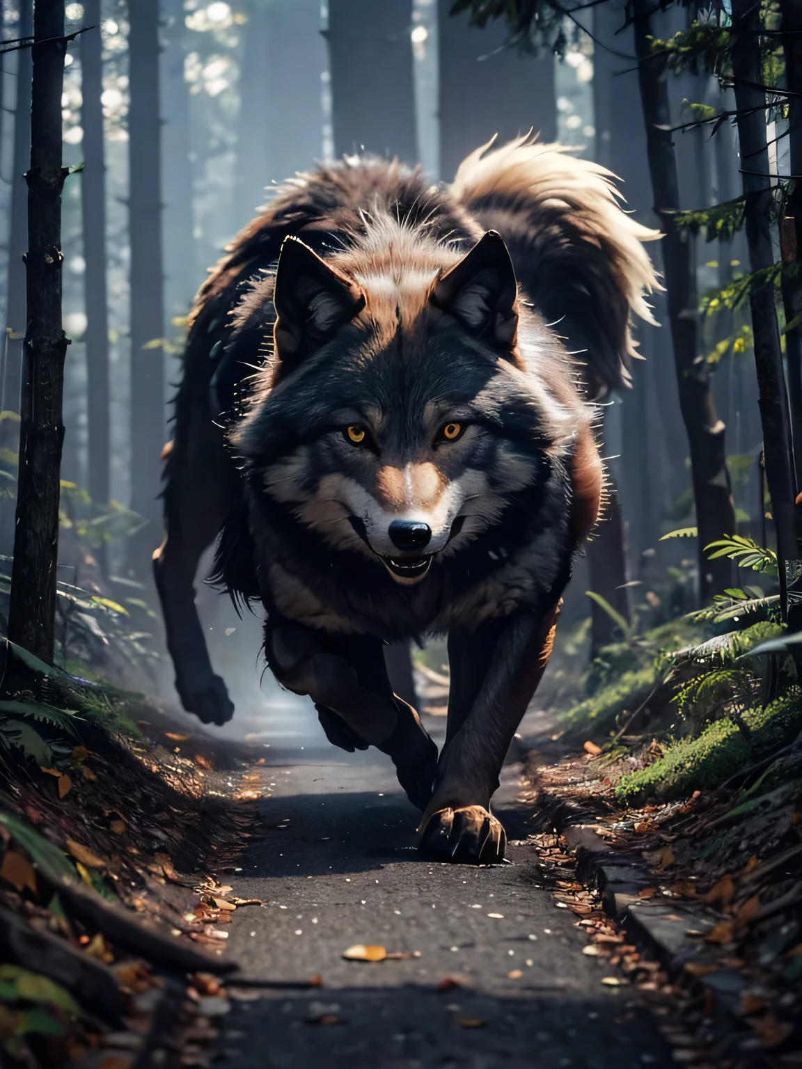 Wolf in his dengerous form running in forest realistic detailed horror