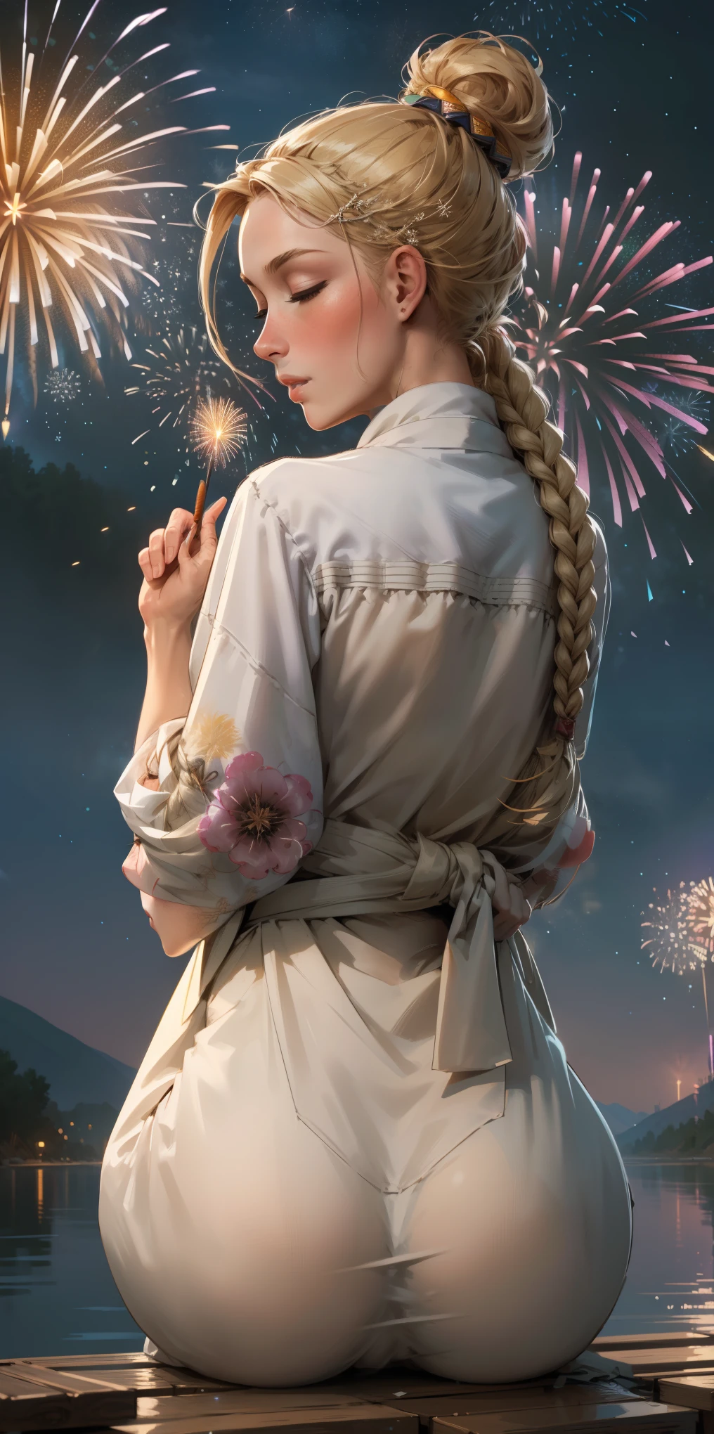 (((masterpiece))), (1girl:1.5), hyper detailed, highres, ((best quality)), (extremely delicate and beautiful), {8k cg wallpaper}, illustration, (blush), (braided ponytail | ponytail | hairbun), (extremely detailed background:1.6), (very long black hair|blonde hair), detailed face, night, festival, (kimono:0.7), outdoors, lantern, (fireworks:1.4), paper lantern, snow, wind, snowflakes, hair ornament, closed eyes, (from behind:1.3), sitting, river, riverbank, starry sky, (holding hands:0.6), leaning on person, pointing, on heaven