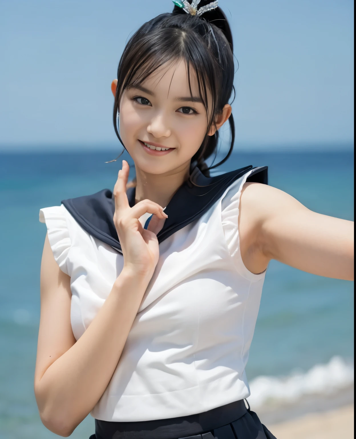 (highest quality:1.2),(perfect beautiful face:1.2),(perfect and beautiful posture:1.2),(sailor_jupiter:1.2), On the beach in midsummer, smile, (arm muscles:1.4),big breasts,clear eyes,close-up of armpit