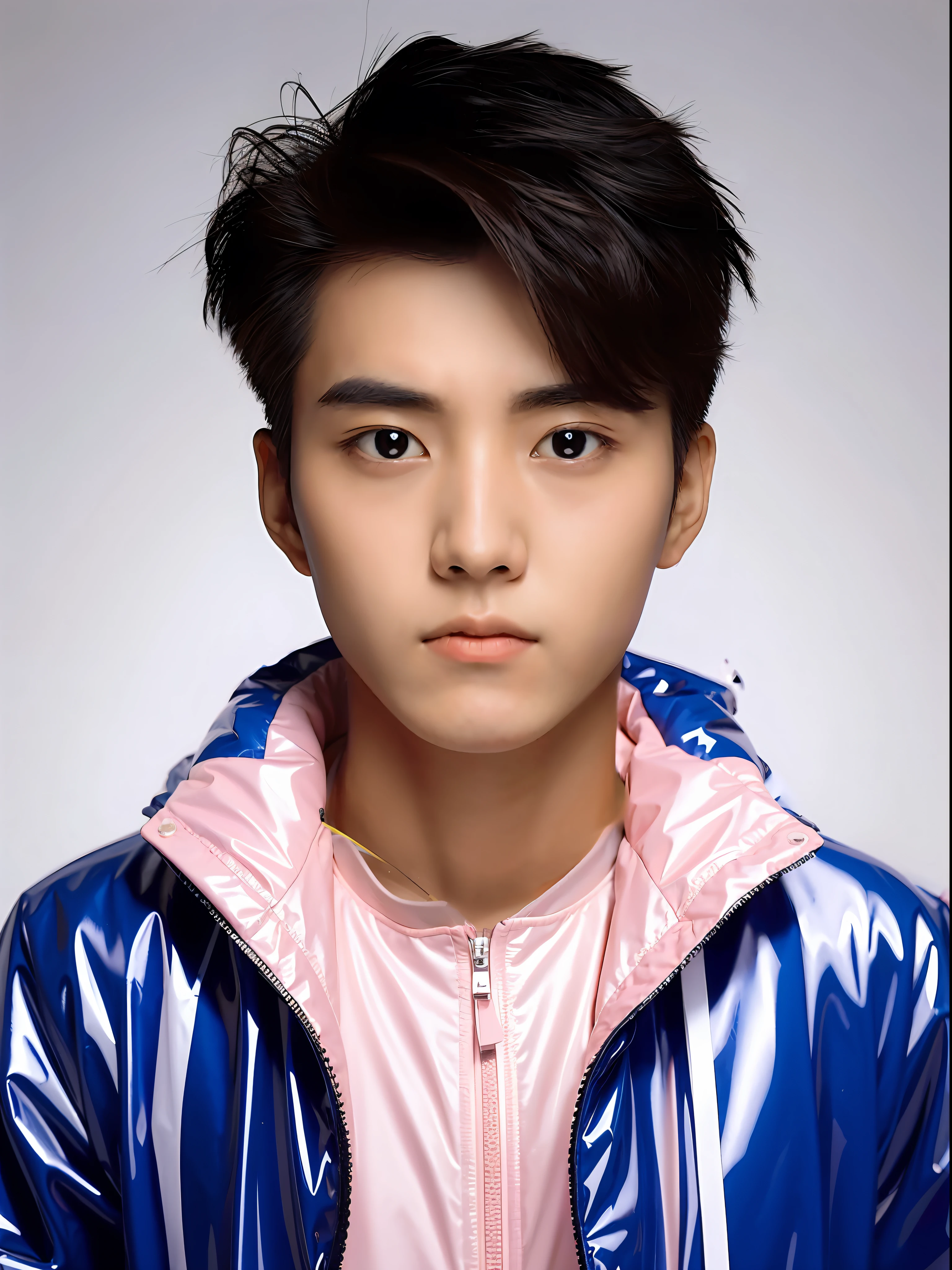 Chinese male high school student，Wearing a PVC light pink storm jacket