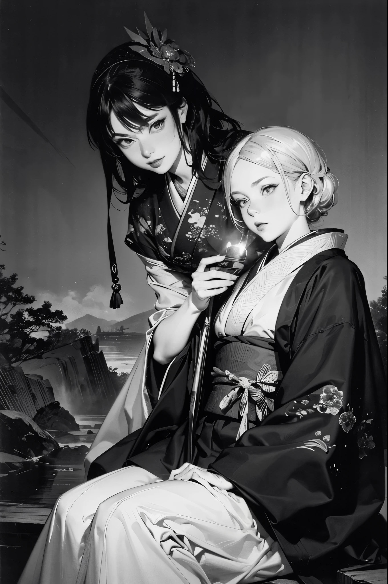 Umalinda warrior sexy, pretty face, Delicious Company, Alluring figure, Wearing a sexy open kimono. The artwork is created in a medium reminiscent of Japanese ink paintings....., 具有大胆的笔触和Monochromatic color palette. artist'Masterful technique reveals the intensity and power of the image'sense of presence,with the highest quality, Perfectly capture every detail with ultra-high resolution. Textures and intricate patterns on kimonos are rendered with extreme precision. Lighting is carefully designed,Enhance drama, Features deep shadows and subtle highlights. General, The artwork exudes elegance and power, Combining traditional Japanese aesthetics with a modern feel. Monochromatic color palette, Combine details, Create captivating and immersive experiences for your audience.