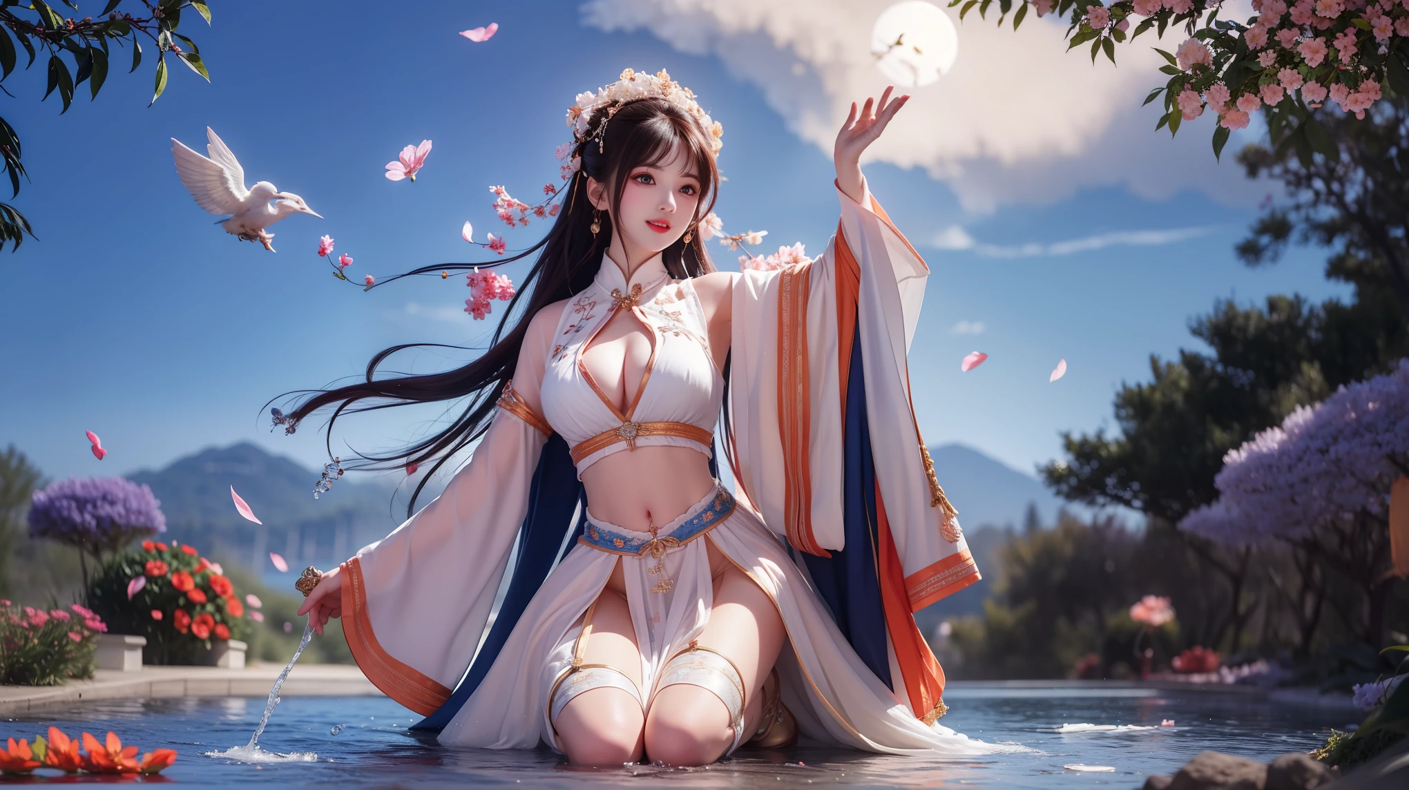 (8k, original photo: 1.2), top quality, ultra high resolution, head to knees, dramatic angle, (Colorful petals flying), (illustration), (1 girl)))), (long hair),Wearing an ultra-thin white lace bikini,sexy pose,(巨big deal乳房: 1.2),(((Breast close-up)), (((spread legs))),((((fullbody)))), beautiful Face, (bright lip gloss, long eyelashes, Smooth) Face, bright skin, natural shadow, wide light, wide light, depth of field, Intense colors, subtle caustics: 0.8), Smile, (big deal), (rain: 0.9), The girl behind is a garden, (focus), (Standing on the SurFace of the Water)), (splash of color), rich and colorful Splash, (rich and colorful)))), (sketch: 0.8), masterpiece, best quality, Beautiful painting, Very detailed, (Denoise: 0.6), splash ink, ((Ink refraction)), (beautiful detailed sky), moon, Very detailed, (masterpiece, best quality, Very detailed) CG unified 8K wallpaper, masterpiece, best quality, Ultra-detailed), (Radiant Licorice),