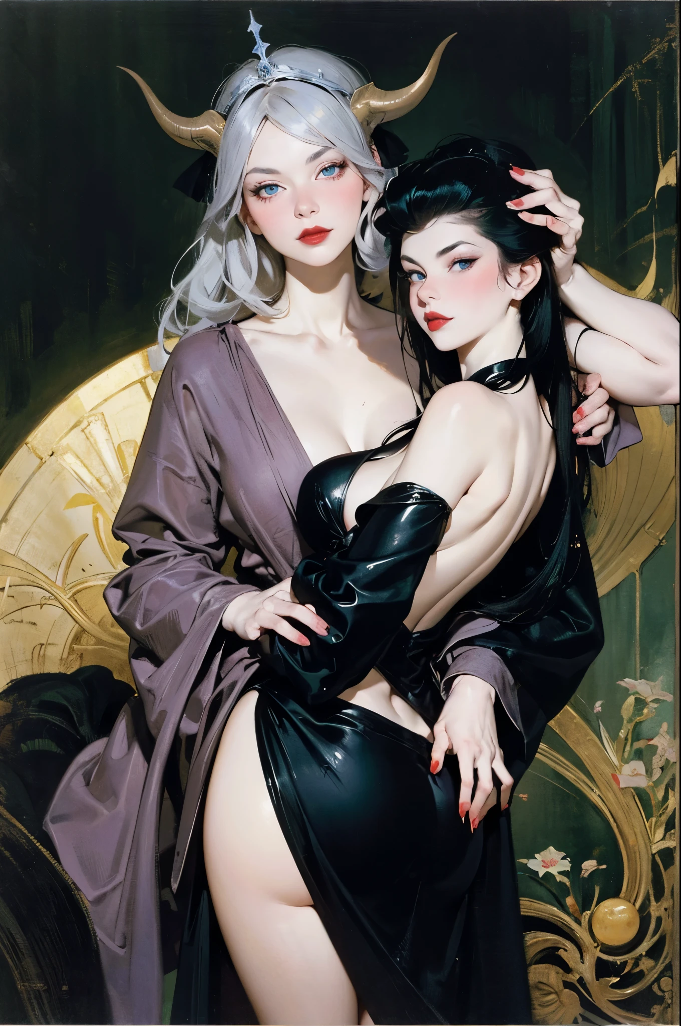 monochrome,weight,NSFW,upper part of body,A nude devil woman with a black and white body stocking dress holding a red lipstick,Satan,Succubus,blue eyes,Clothes detailed patterns,posture,spread legitimacy,Detailed gothic background,dark fantasy background,Inspired by Robert McGinnis, Inspired by Gretel Stern, Takato Yamamoto’s style, Guido Crepax, Guido Crepax-style, with hands, Vanya Zoravlev, Inspire by Leonor Fini, long furry tail, Inspired by Takato Yamamoto.Inspired by Klimt and Mucha. beautiful eyes, Beautiful and delicate lips, Extremely detailed eyes and face, Long eyelash quality:1.2), Super detailed, (actual:1.37), painting, color contrast, high resolution, black and white dress, red lipstick, Inspired by Robert McGinnis, Inspired by Gretel Stern, Yamamoto Takashi style, Guido Crepax style, with hands-Inspire, Vanya Zoravlev-Inspire, Leonor Fini&#39;Inspire, long furry tail-Inspire, Inspired by Takato Yamamoto, bright colors, dramatic lighting, eye-catching composition, fun atmosphere, Feminine elegance.Forged，painting，Impressionism