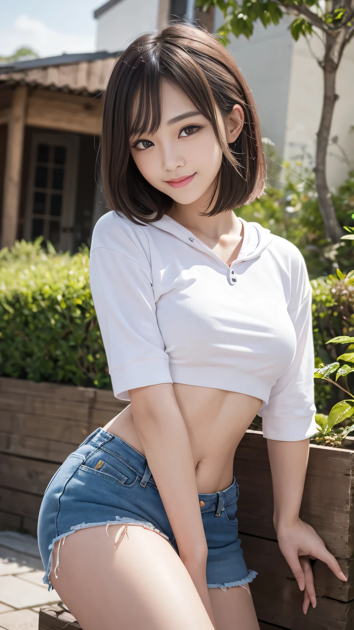 ((8k, highest quality、Best image quality、Ultra-high resolution、Ultra high definition drawings、alone、Look closely at the camera))、1 girl、Realistic、Written boundary depth、Natural soft light、Echiechi, constricted body, 30 years old, Beautiful and exquisite, Short Bob Hair, Light Hair Color, highest quality, masterpiece, Watery eye, Great pose, Brown eyes, smile, Perfect Fingers、Perfect hands、Perfect body、Perfect Face, Perfect Anatomy, Glossy lips, Natural Makeup, Small Ass, Professional Lighting, Cowboy Shot, Simple Background, From above, Bright room, T-Shirts, Shorts, Self Snap,Simple Background