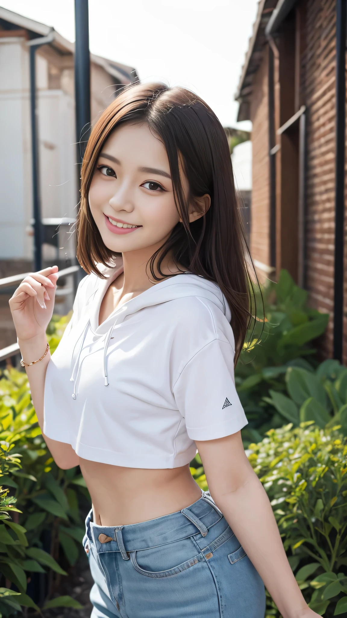 8K quality、best image quality、超A high resolution、masterpiece、Photoreal、RAW photo、超A high resolution、Japan 21 years old、、dynamic angle、cowboy shot、smile、smile、すばらしいsmile、The most beautiful things form chaos、elegant、Brutalist design、bright colors、short bob、smile、glossy white skin、beautiful eyes、very thin lips、細部までbeautiful eyes、beautiful double eyelids、bright chestnut hair、garden、Daytime outdoors、whole、black crop top、hoodie、hot pants、Photographed from various angles、