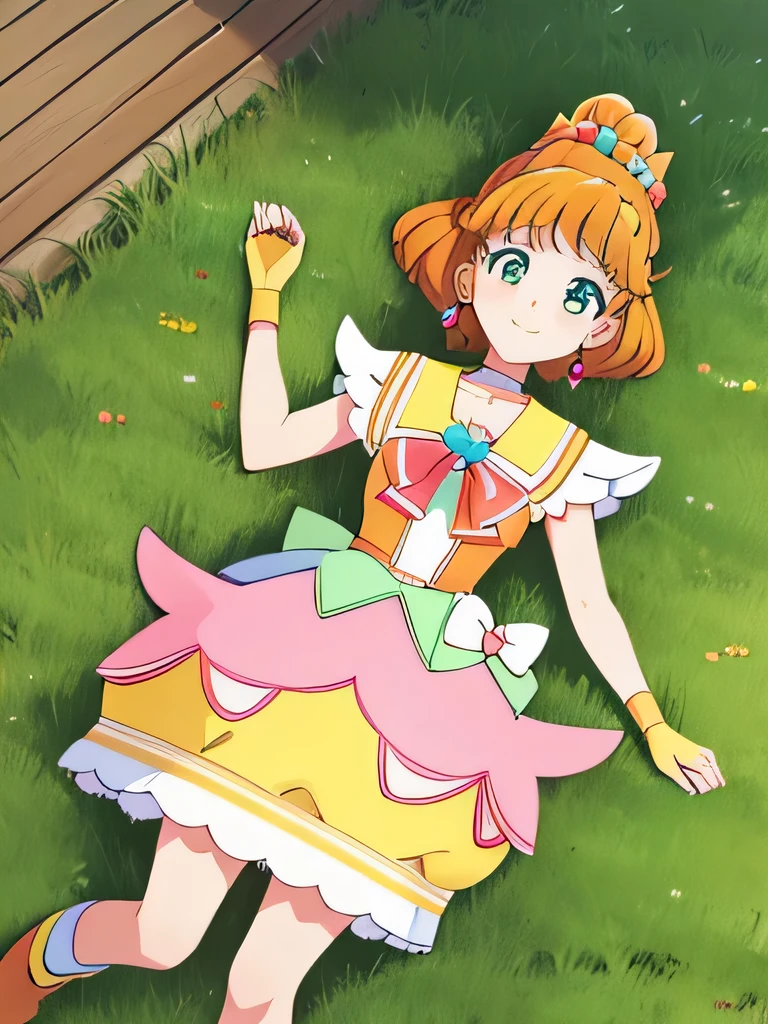 cure papaya, bubble skirt, hair bun, fingerless gloves, ribbon, earrings, hair ornament, choker, porch, yellow footwear, high quality solo, cowboy shot, lying, on back, on grass, spread arms, shy smile, closed mouth,