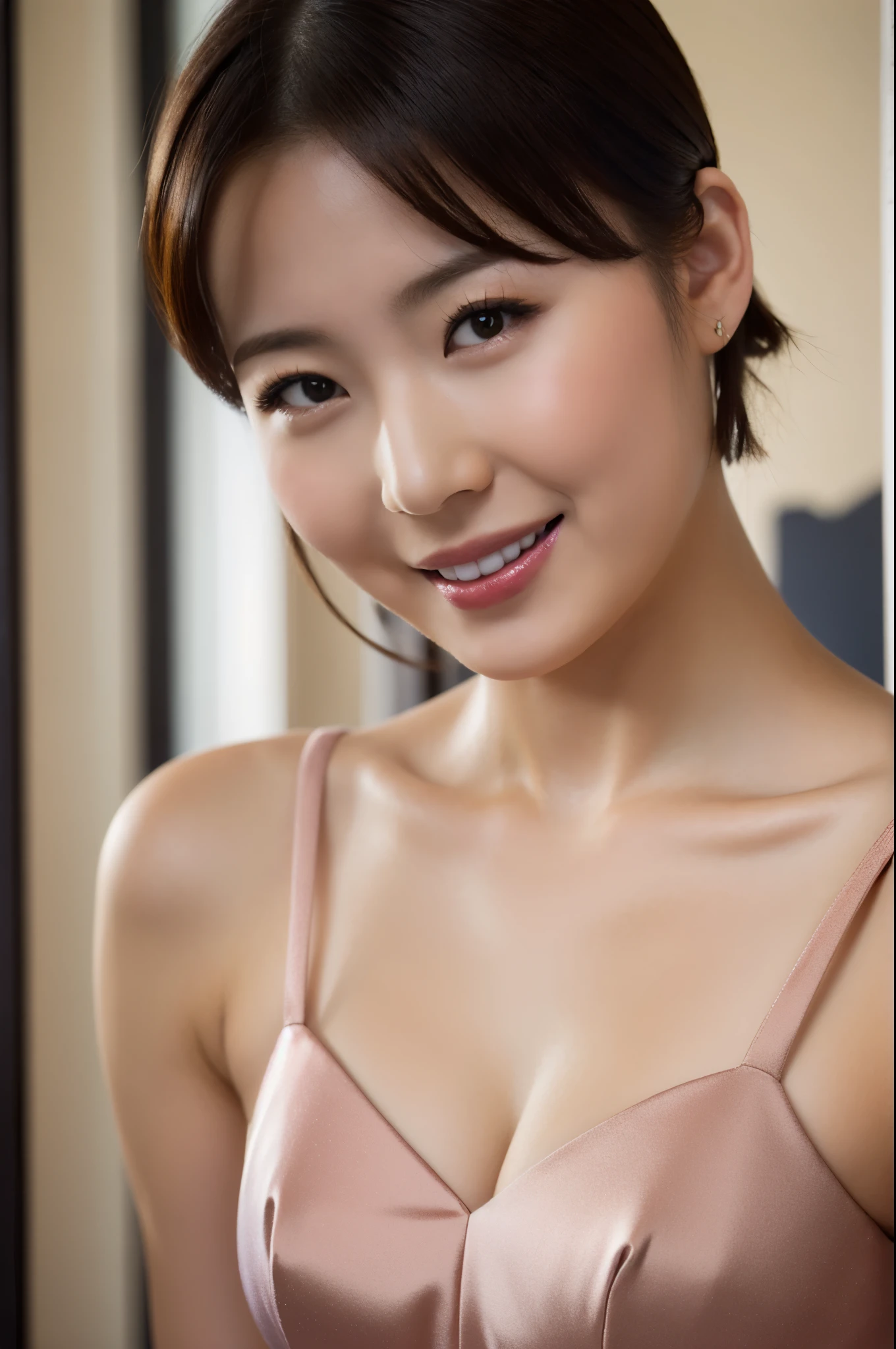 Top quality, full body, masterpiece, dark eyebrows, ultra high resolution, photorealistic, highly detailedskin, professional lighting smile, looking at the viewer, short hair