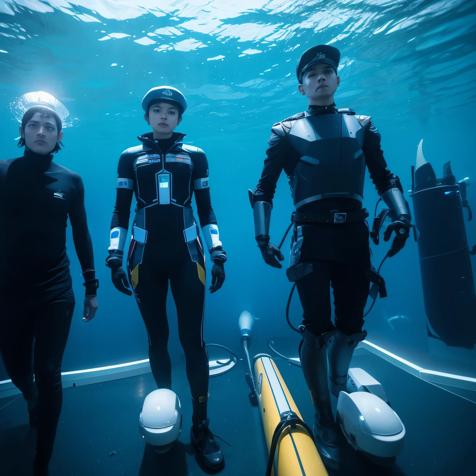 Two divers in wetsuits of innovative technologies at the bottom of the Baltic Sea repairing bathyscaphe turbines