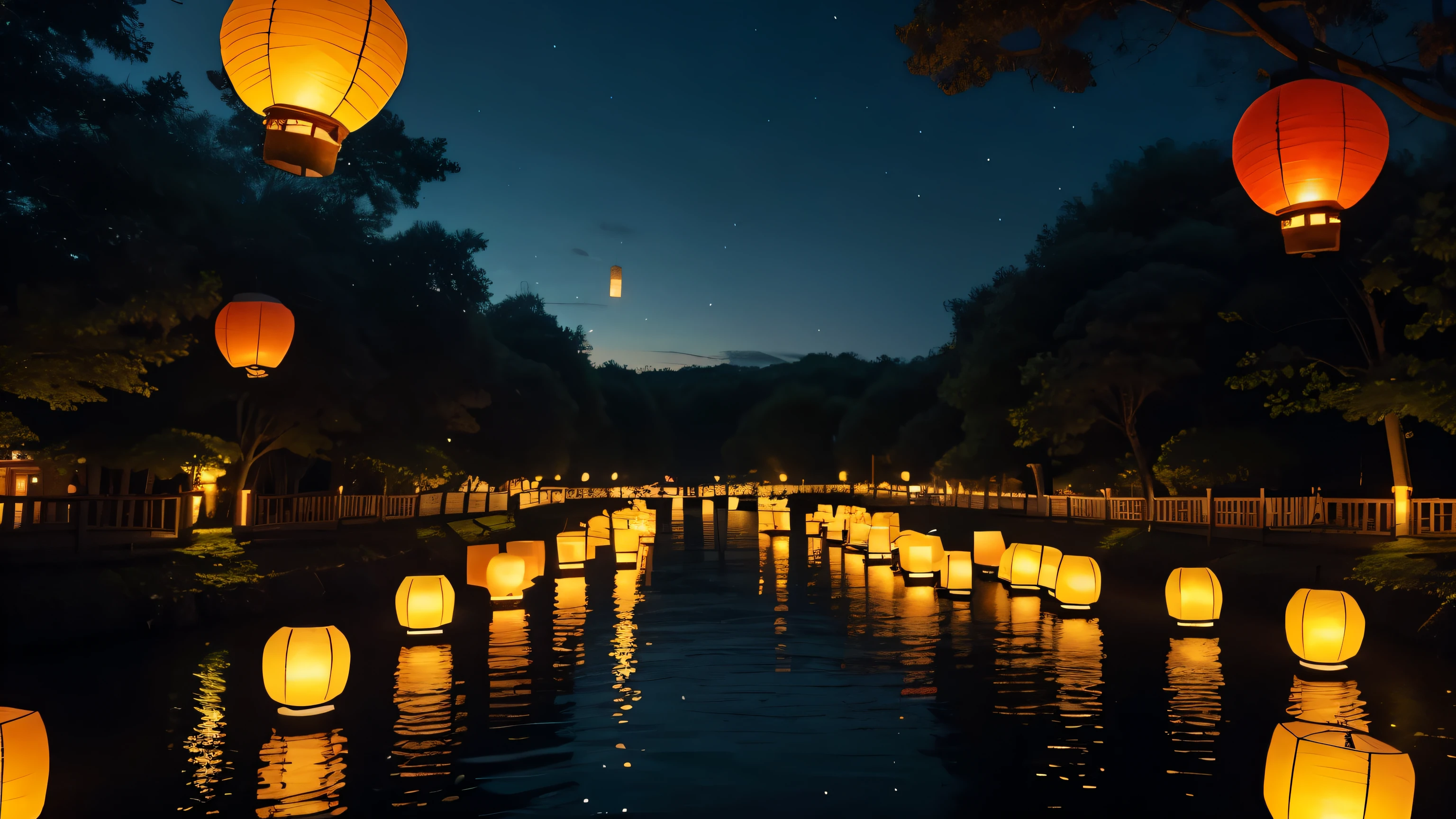 glowing lantern festival: The lanterns float in the river or are released into the sky., Illuminates the darkness with soft light..