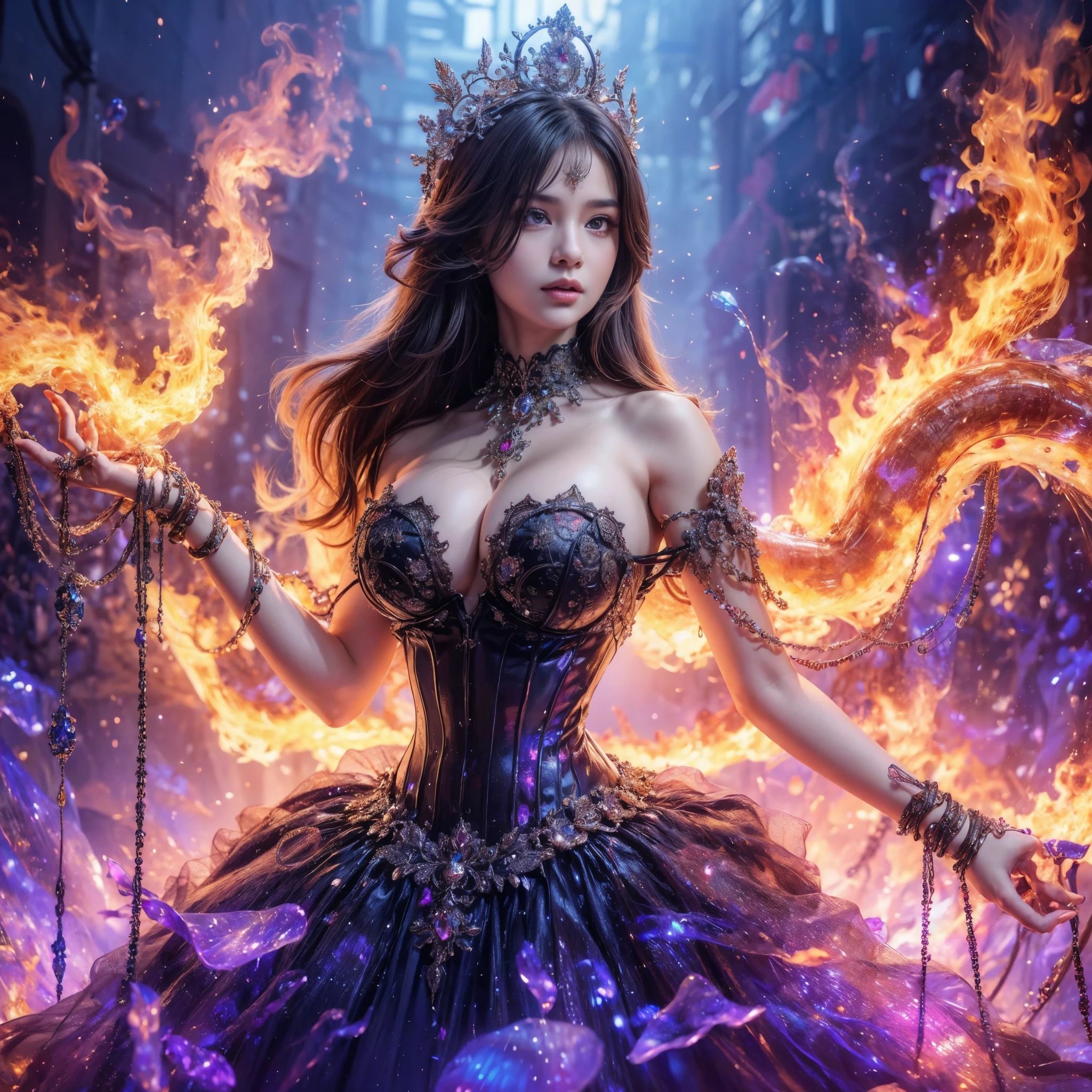 arafed woman with gigantic breast wearing a dress formed from steel fire, wearing an ornate outfit, ornate dress, intricate dress, elegant fire dress, ornate and elegant, extravagant dress, inspired by Hedi Xandt, ornate attire, intricate outfit, ornate royal gown, ornate clothing, ornate gown, intricate and elegant, intricate detailed dress, ornate , high heels, royal dress, detailed hand, detailed finger, sand in the body, sand on the dress, crystal element, crystal wings, Transparent clothing, masterpiece, best quality:1.2),,(8k,highres,RAW photo,realistic,photo-realistic:1.3),(detailed skin texture,detailed cloth texture,detailed flame texture, beautiful detailed face:1.25),professional lighting,photon mapping,beautiful soft light,radiosity,physically-based rendering,raytracing, model shoot style, model shoot style, (extremely detailed CG unity 8k wallpaper), full shot body photo of the most beautiful artwork in the world, (NSFW), (Nude), (Naked), (Nipple)
