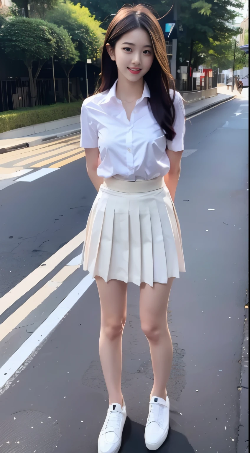 Perfect beautiful woman 20 years old, slender shape, student uniform, standing in the streets city, short black skirt, white skin, perfect body, ????