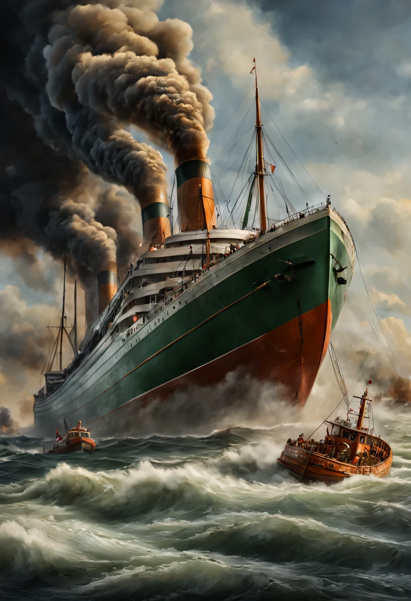 (best quality,4k,8k,highres,masterpiece:1.2),ultra-detailed,(realistic,photorealistic,photo-realistic:1.37),HDR,UHD, studio lighting. The Britannic with smoke billowing, visibly sinking at an angle. Lifeboats are being lowered hurriedly. Smaller boats converge to aid survivors in the foreground. Anxious and urgent, a sense of wartime danger.