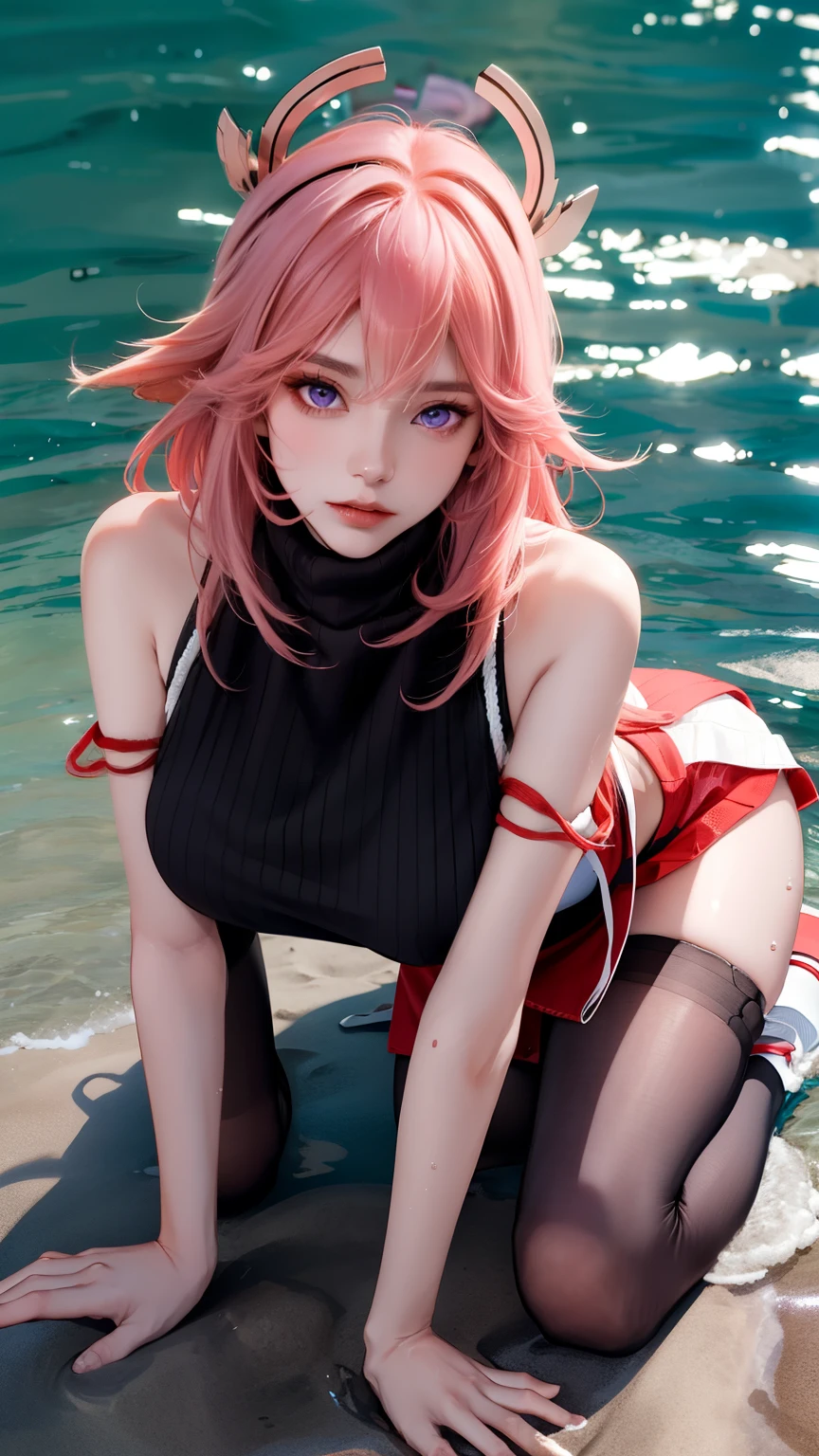 masterpiece、best quality、16k、textured skin、a woman、on all fours,Kneel in the water,Viewed from above, the audience feels spoiled、long pink hair、purple eyes,huge ,headgear、Black turtleneck sleeveless knitted sweater、black pantyhose,white sneakers、shallow water、sun、beach、Latu,whole body,