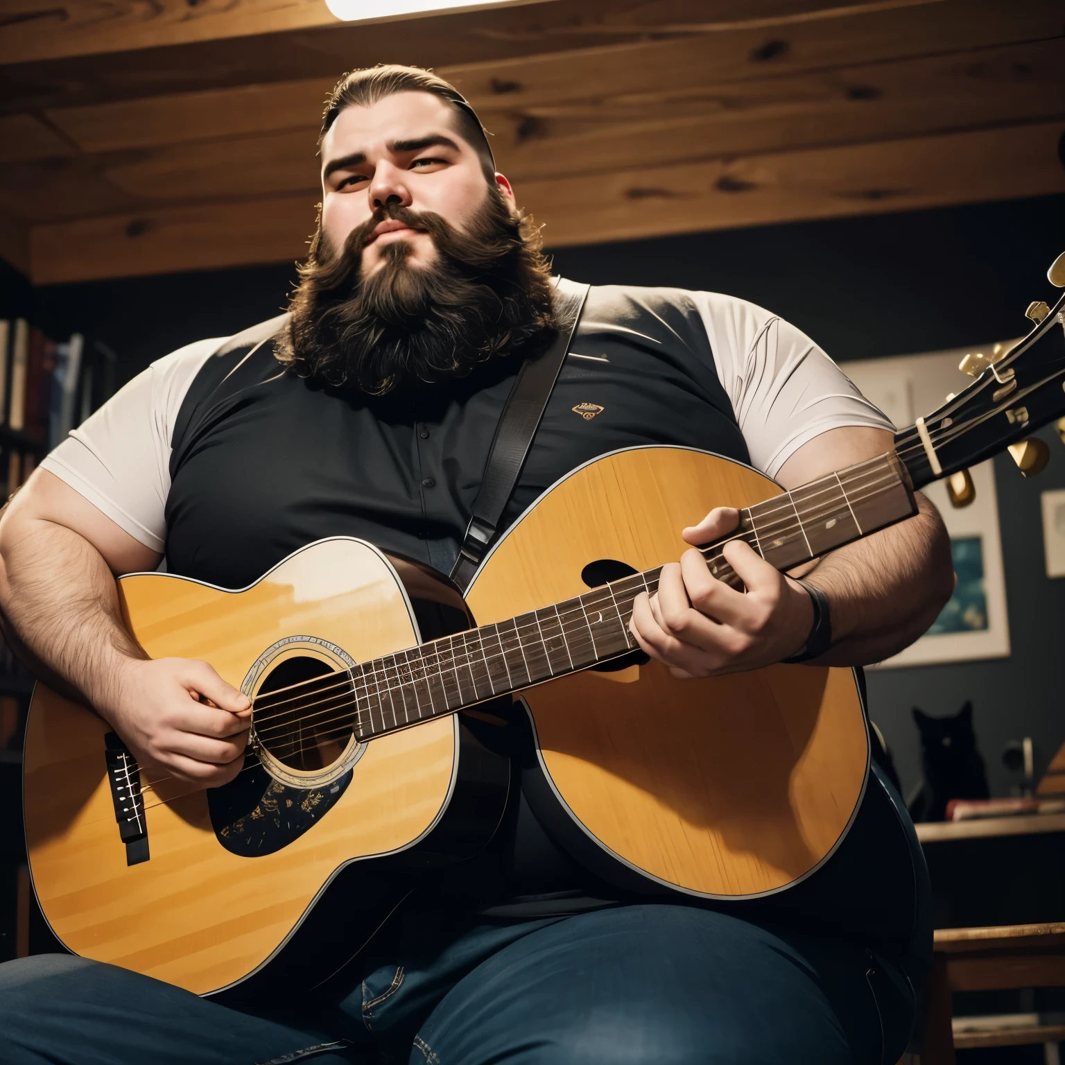 Heavyset bearded man playing guitar for his loving black cat