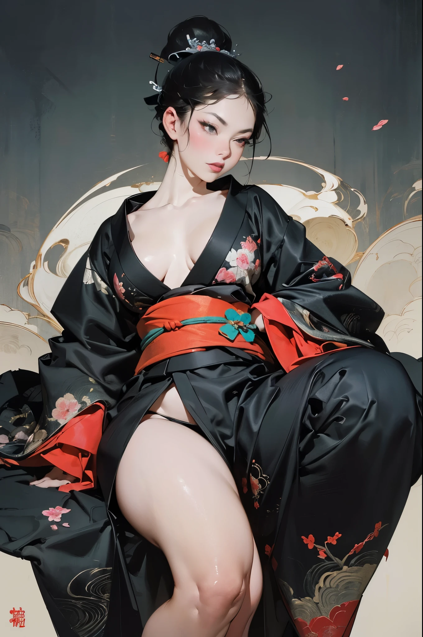 Umalinda warrior sexy, pretty face, Delicious Company, Alluring figure, Wearing a sexy open kimono. The artwork is created in a medium reminiscent of Japanese ink paintings....., 具有大胆的笔触和Monochromatic color palette. artist'Masterful technique reveals the intensity and power of the image'sense of presence,with the highest quality, Perfectly capture every detail with ultra-high resolution. Textures and intricate patterns on kimonos are rendered with extreme precision. Lighting is carefully designed,Enhance drama, Features deep shadows and subtle highlights. General, The artwork exudes elegance and power, Combining traditional Japanese aesthetics with a modern feel. Monochromatic color palette, Combine details, Create captivating and immersive experiences for your audience.