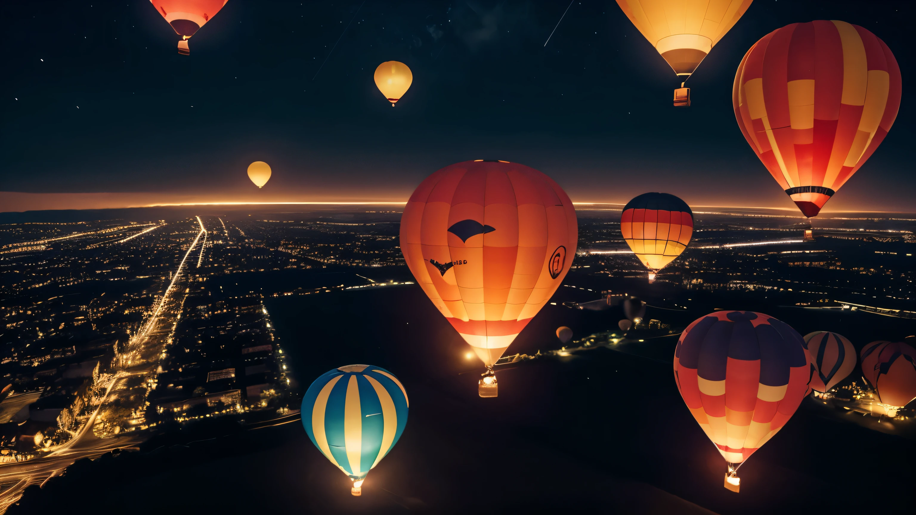 Balloon ride at night: A hot air balloon floats peacefully through the night sky., It offers a breathtaking aerial view..